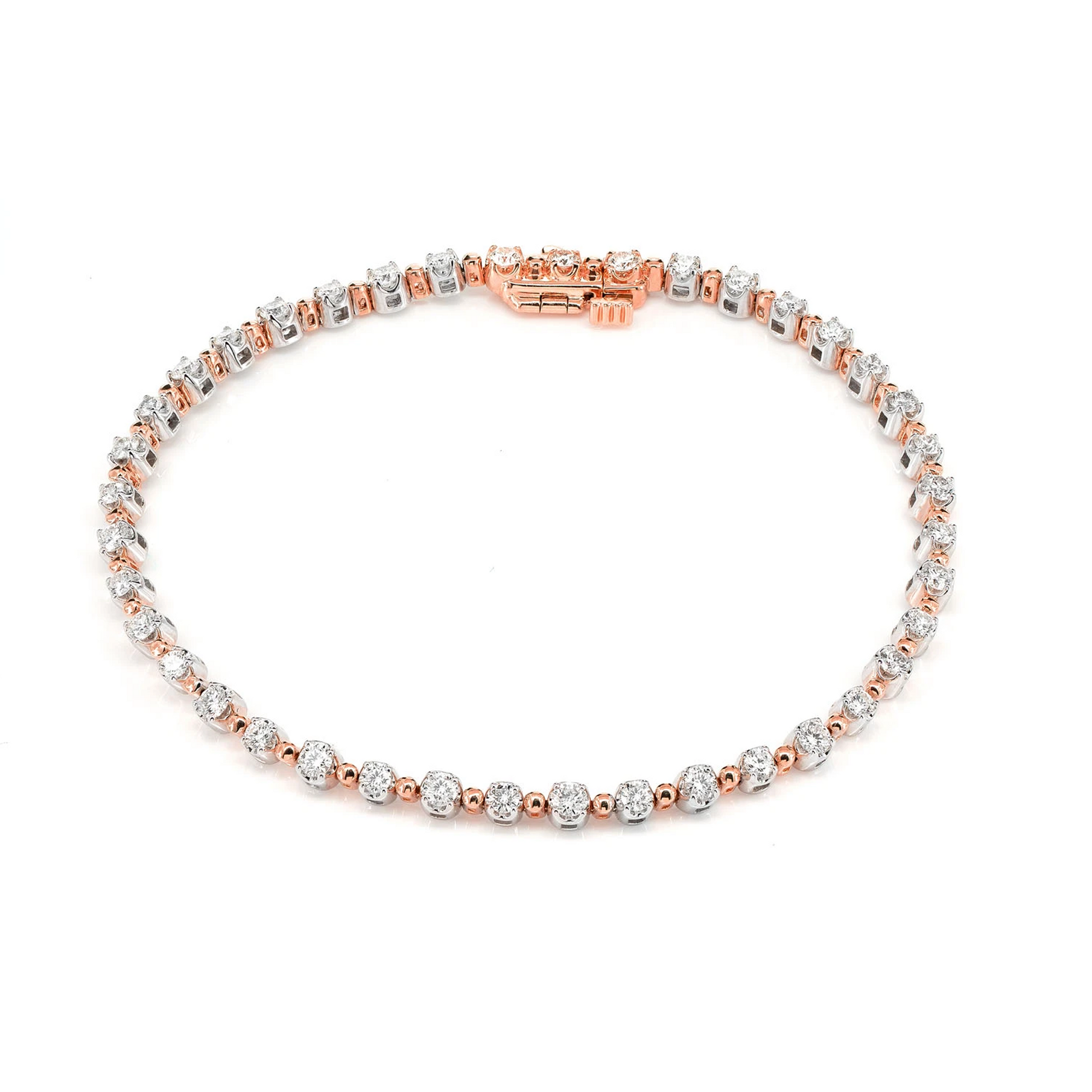 Beaded Crown Set Diamond Bracelet in two tone rose 14k gold, Two-Tone, front view