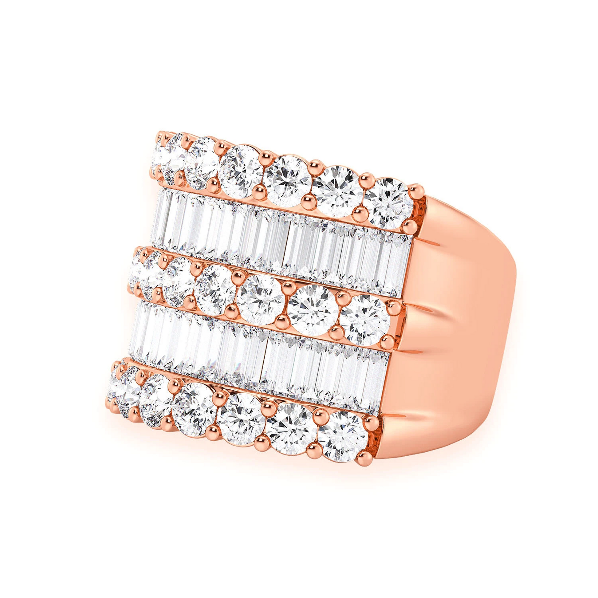 Three Row Round & Baguette Ring in 14K rose gold, side view 2
