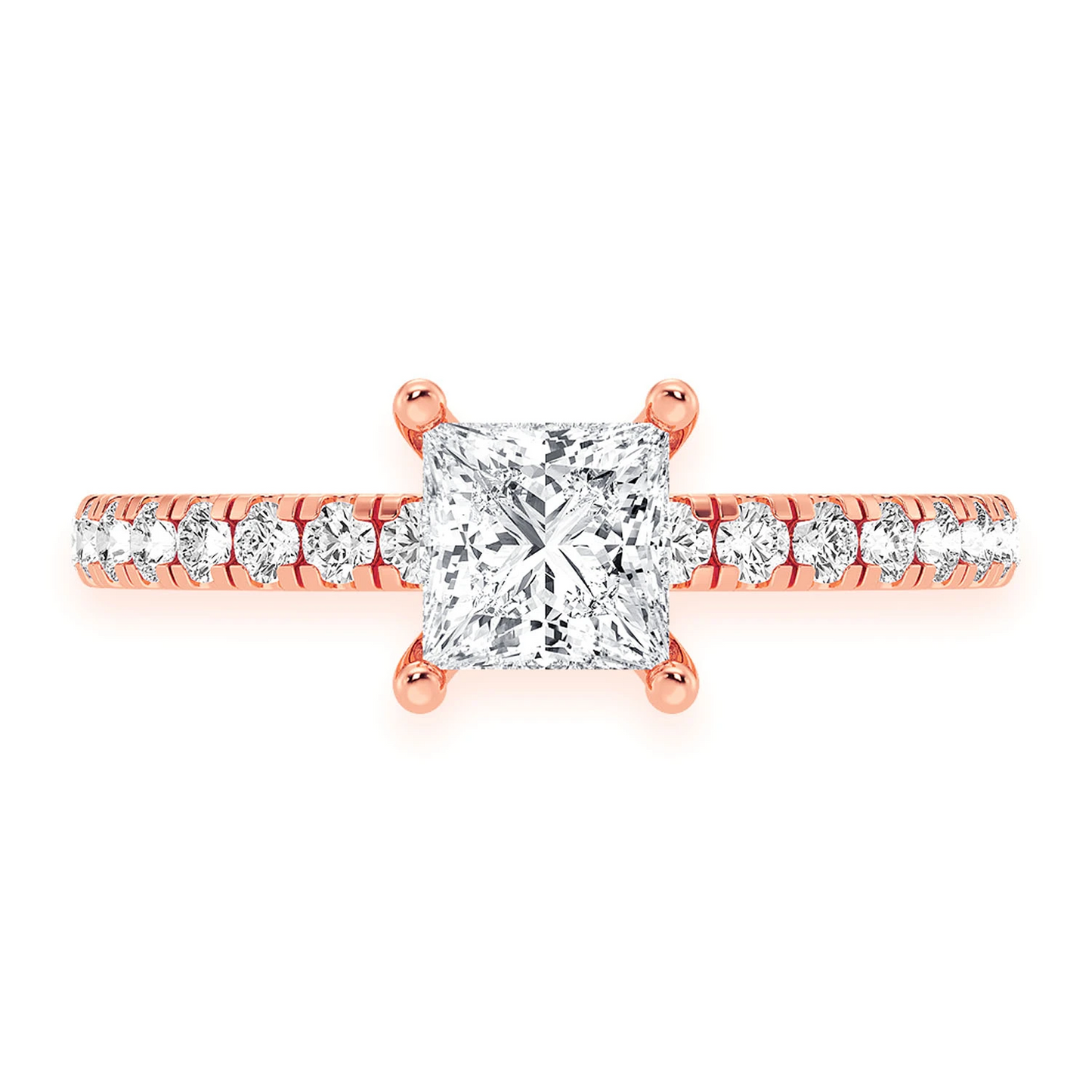 0.75ct Princess Cut Under Halo Diamond Engagement Ring in 14K rose gold, front view