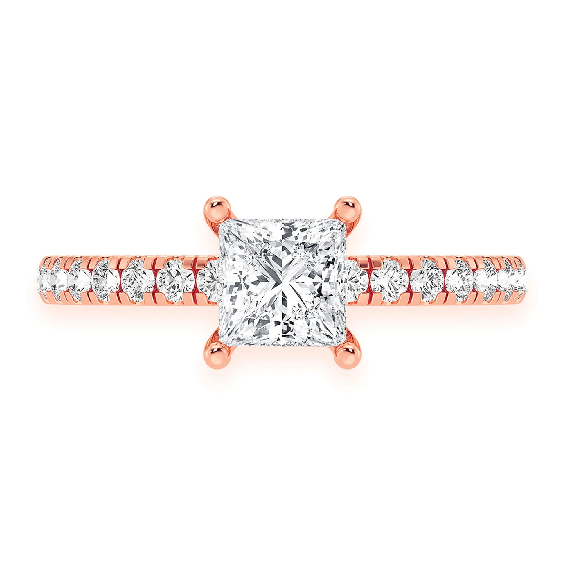 0.75ct Princess Cut Under Halo Diamond Engagement Ring in 14K rose gold, front view