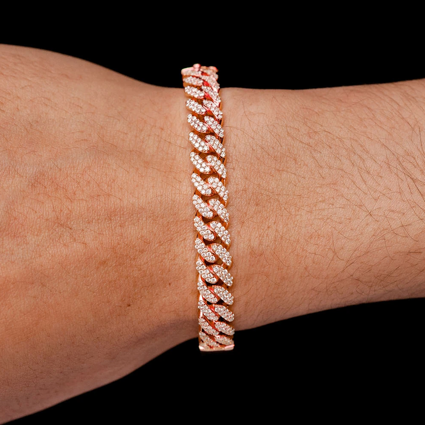 Large Cuban Diamond Bangle in 14K rose gold, angled view