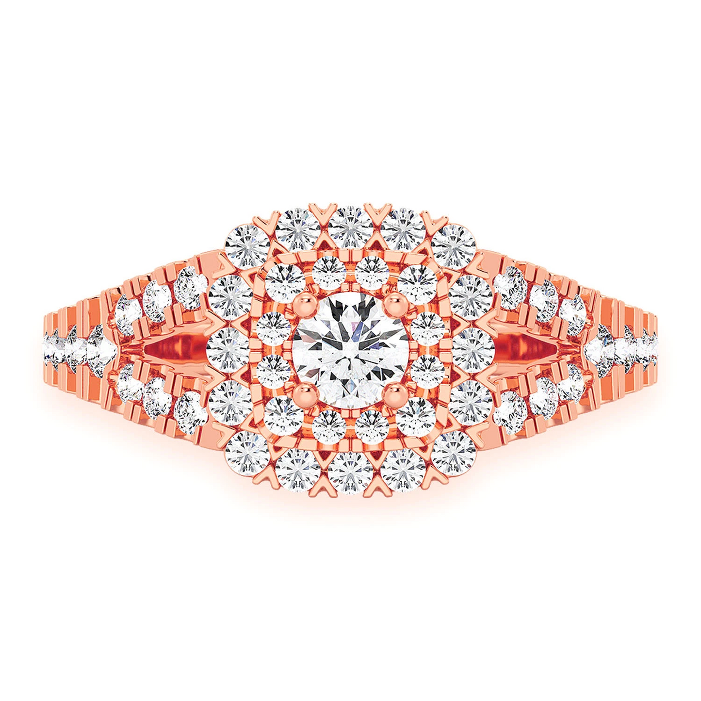 Cushion Double Halo Split Shank Ring in 14K rose gold, front view