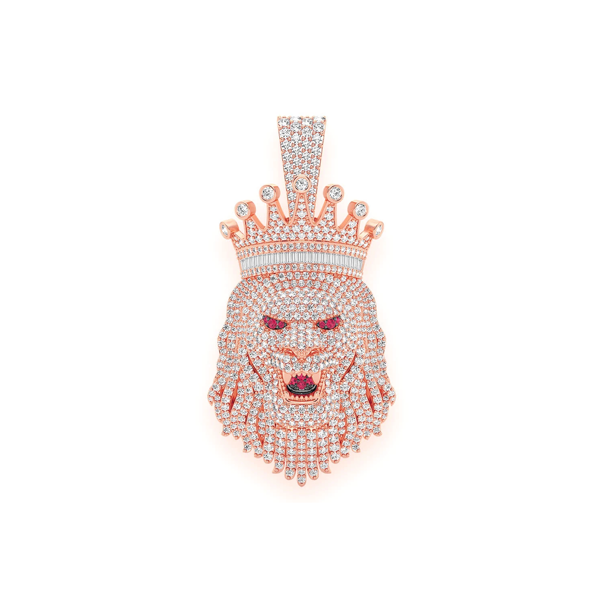 King Crown Lion Diamond Pendant in 14K rose gold, front view