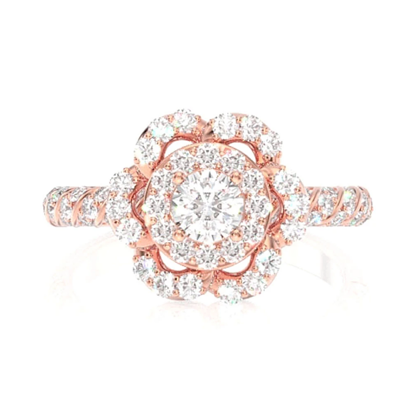 Flower Halo Twist Diamond Ring in 14K rose gold, front view