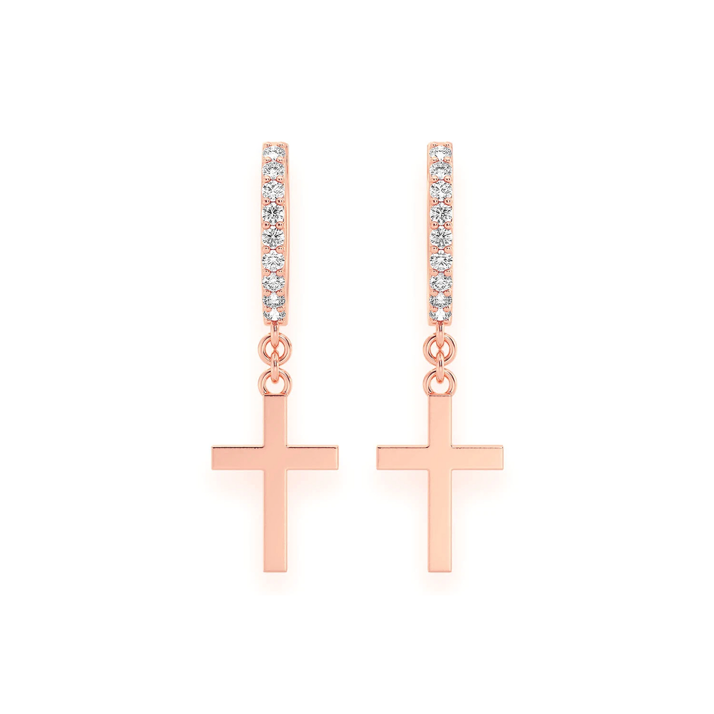 Plain Cross Diamond Hoops in 14K rose gold, front view