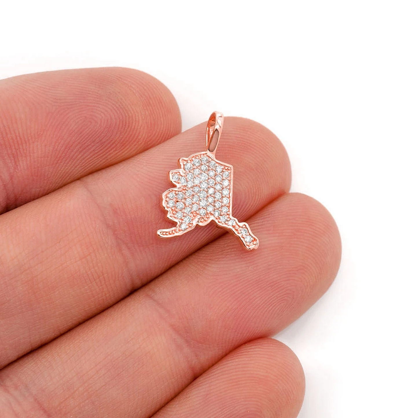US State Diamond Pendant in 14K rose gold, Alaska design, angled view