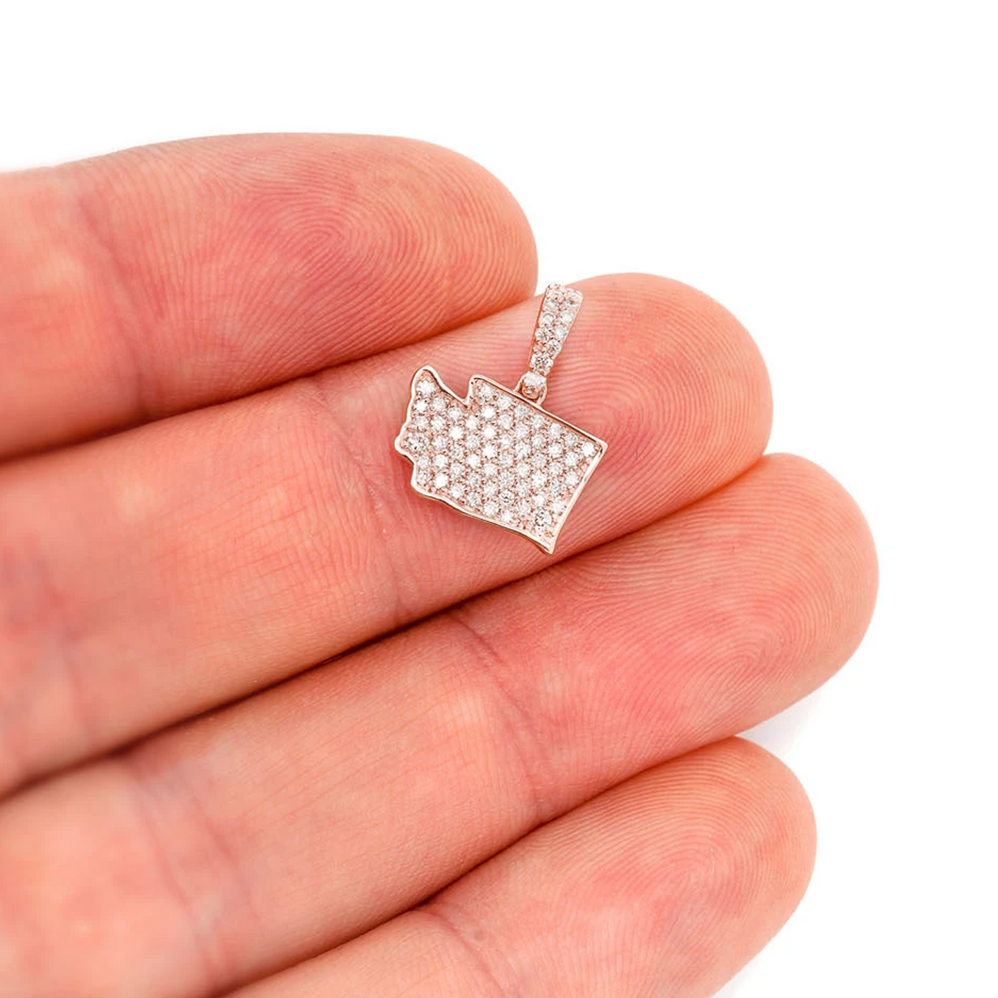 US State Diamond Pendant in 14K rose gold, Washington design, angled view