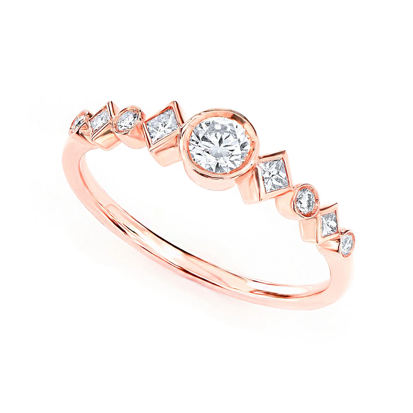 Nine Stone Round & Princess Diamond Ring in 14K rose gold, angled view