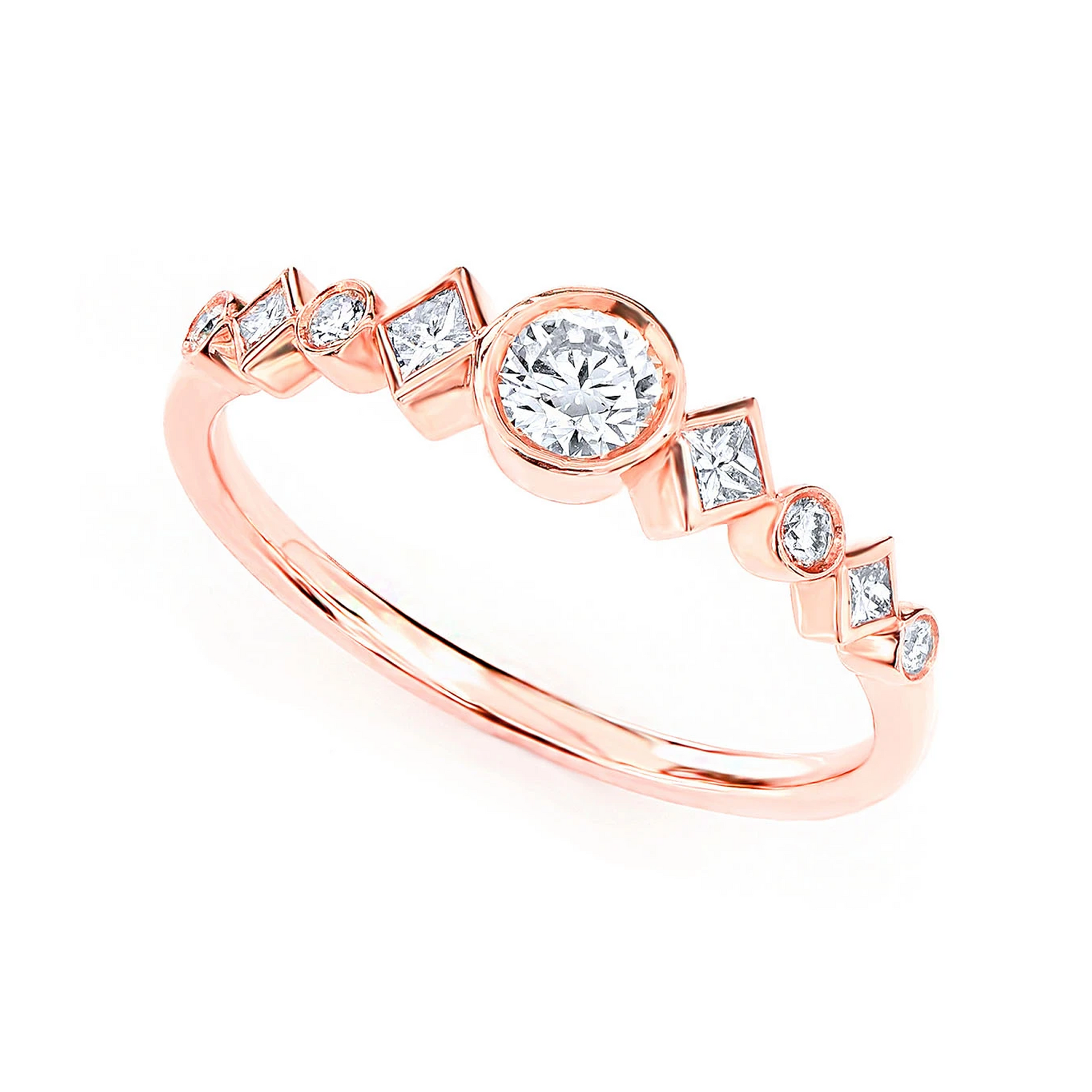 Nine Stone Round & Princess Diamond Ring in 14K rose gold, angled view