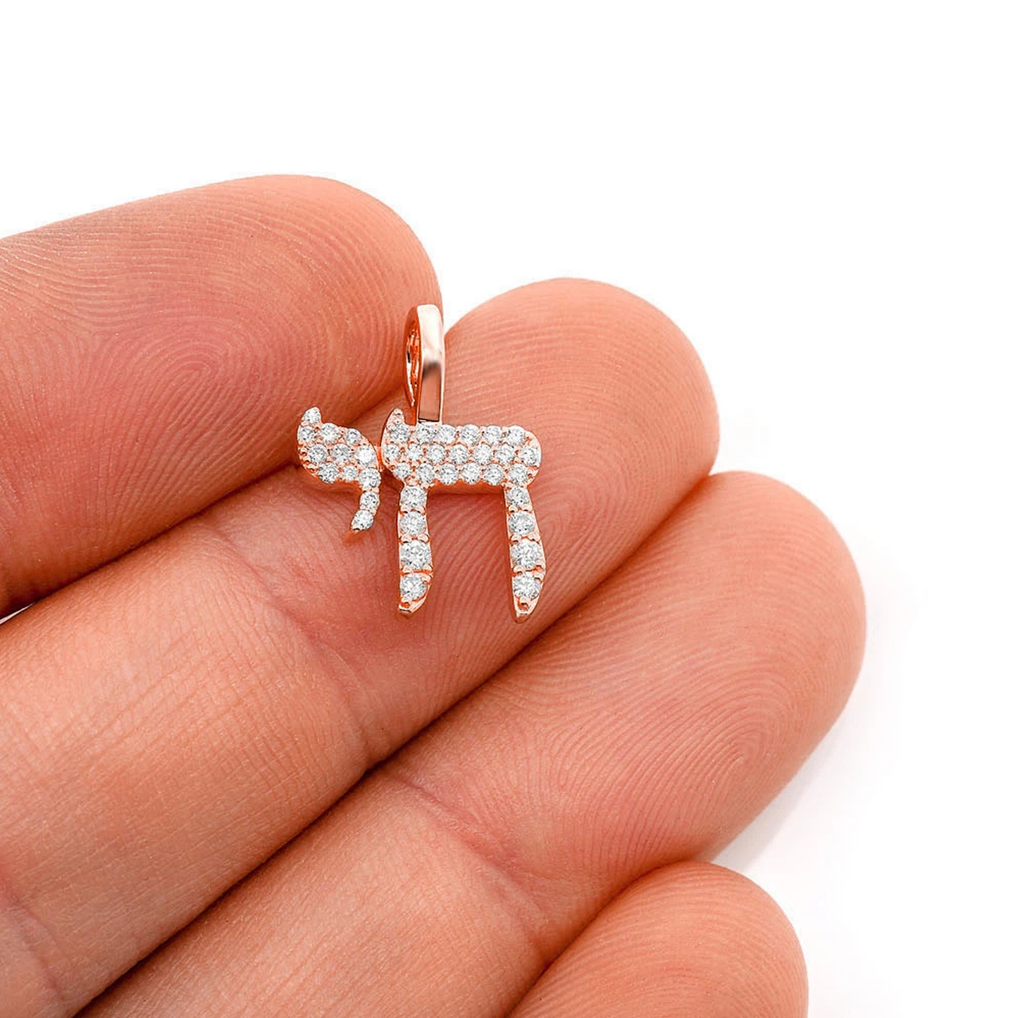 Chai Hebrew Pendant in 14K rose gold, angled view