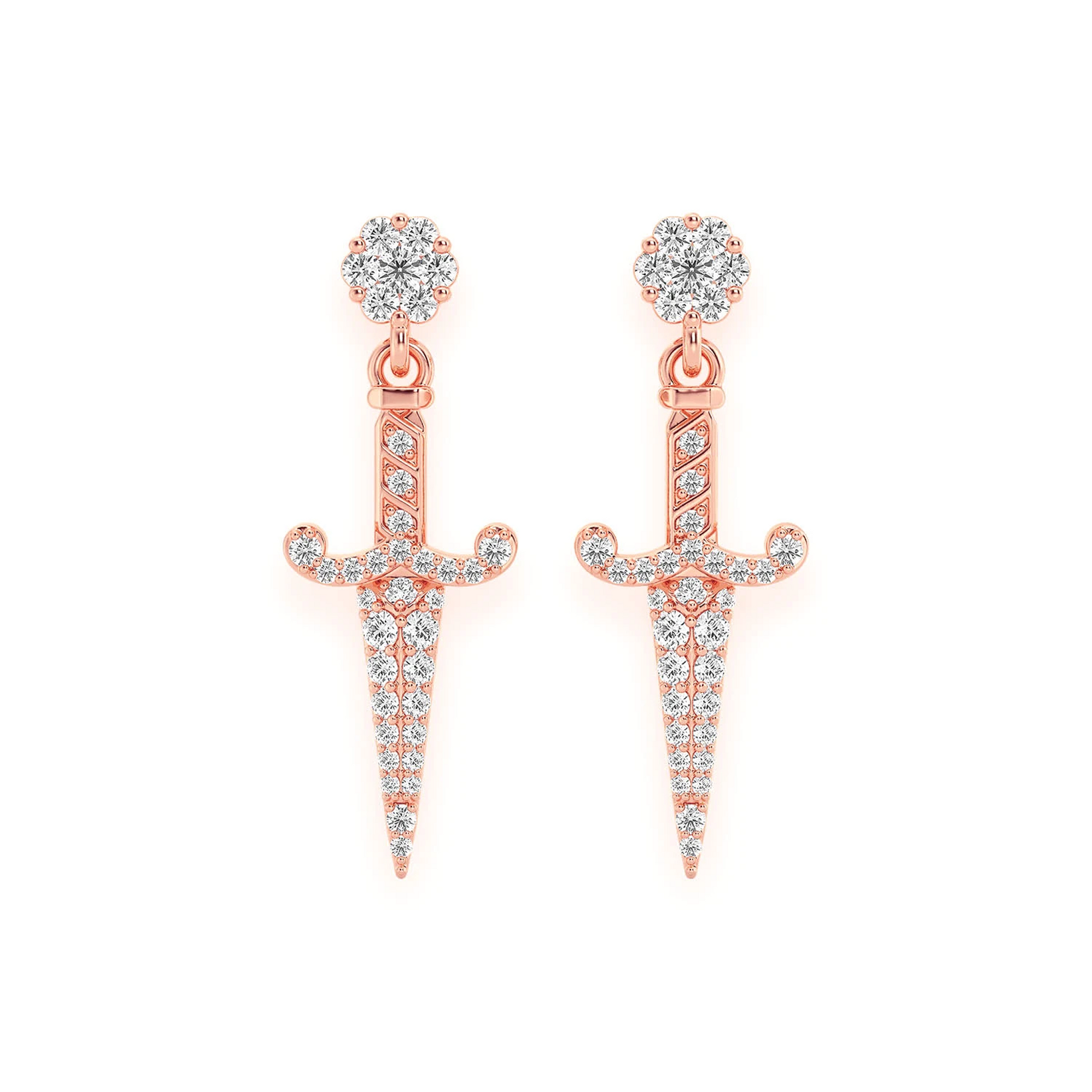Ancient Sword Diamond Drops in 14K rose gold, front view