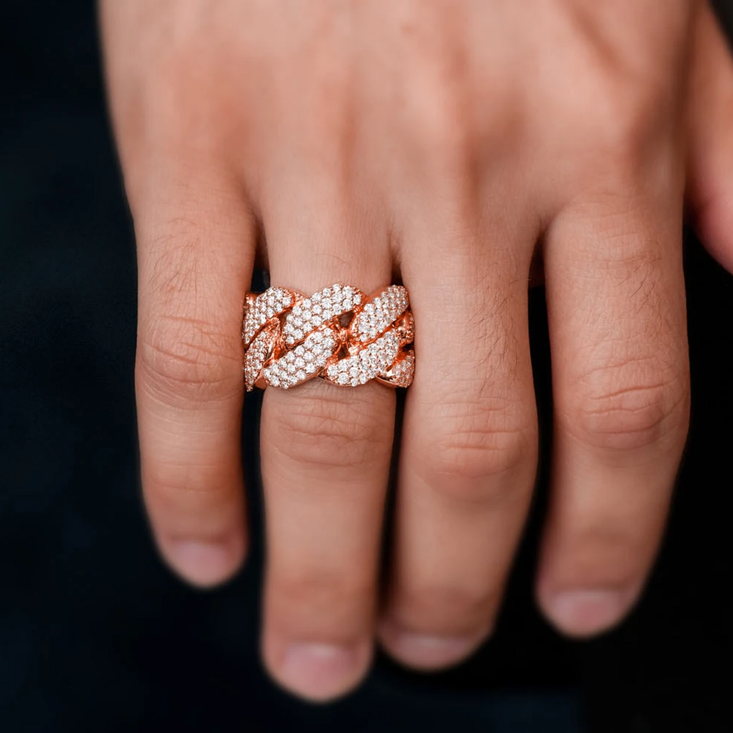 Iced Out Cuban Ring in 14K rose gold, 13mm | 2.50ctw, worn view