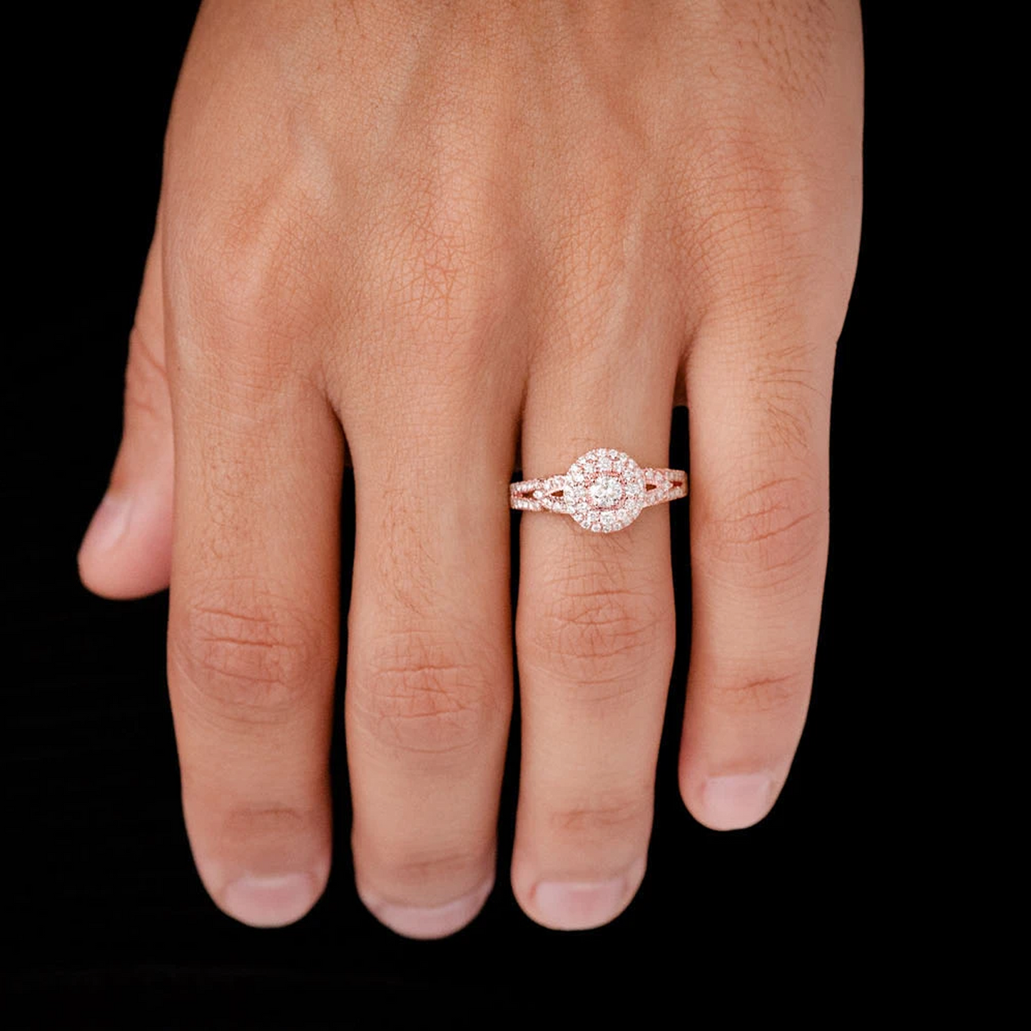 Fancy Shank Tiered Halo Ring in 14K rose gold, worn view