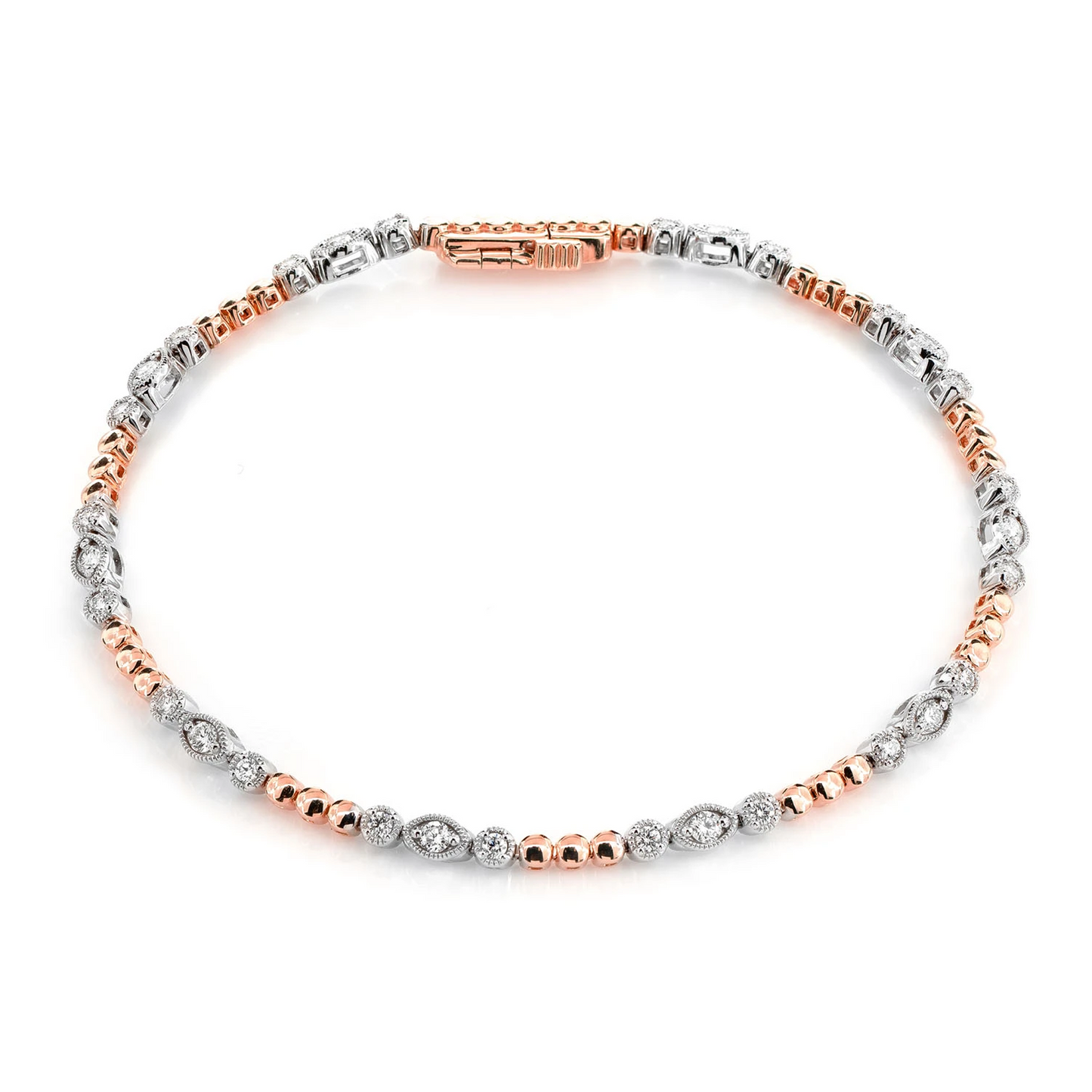 Oval & Round Bezel Diamond Link Bracelet in two tone rose 14k gold, front view