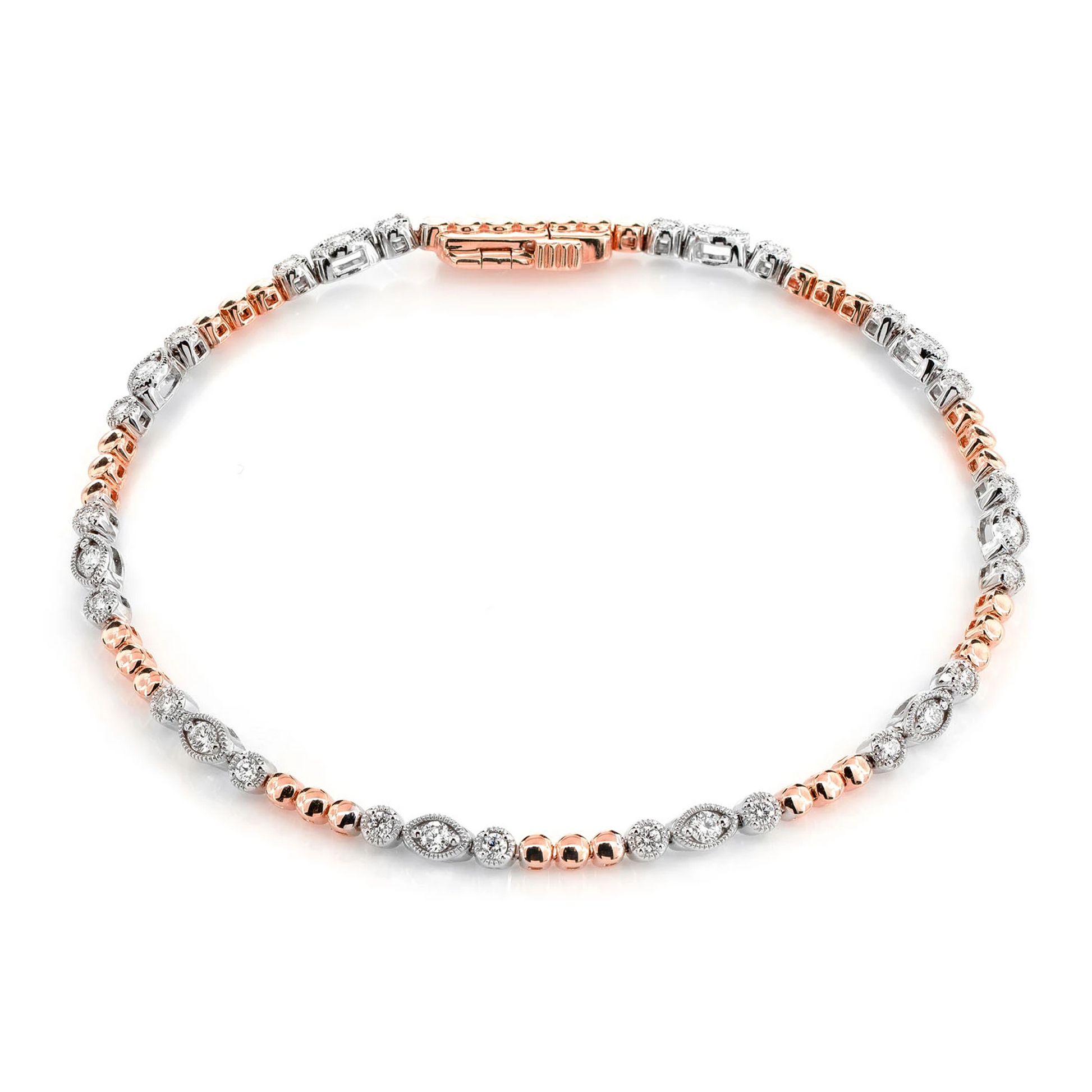 Oval & Round Bezel Diamond Link Bracelet in two tone rose 14k gold, front view