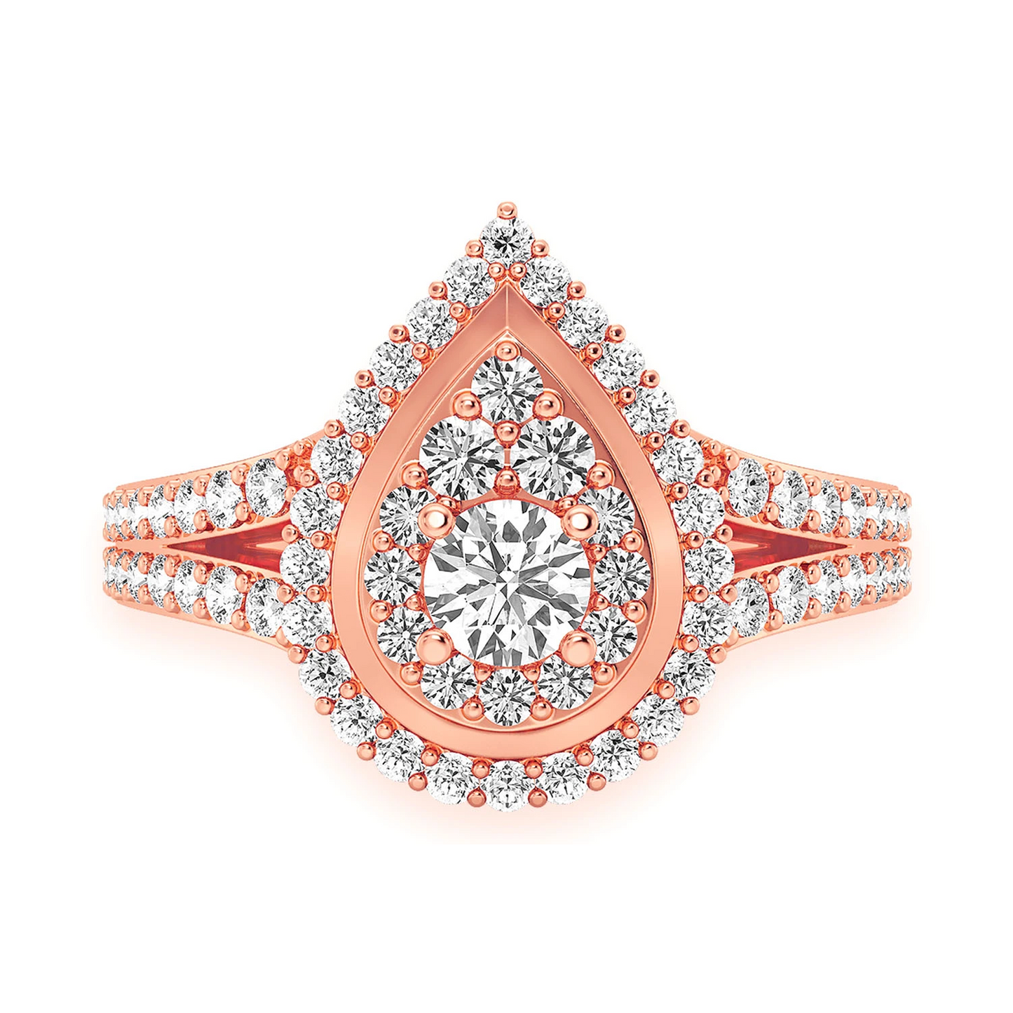 Double Halo Pear Diamond Engagement Ring in 14K rose gold, front view