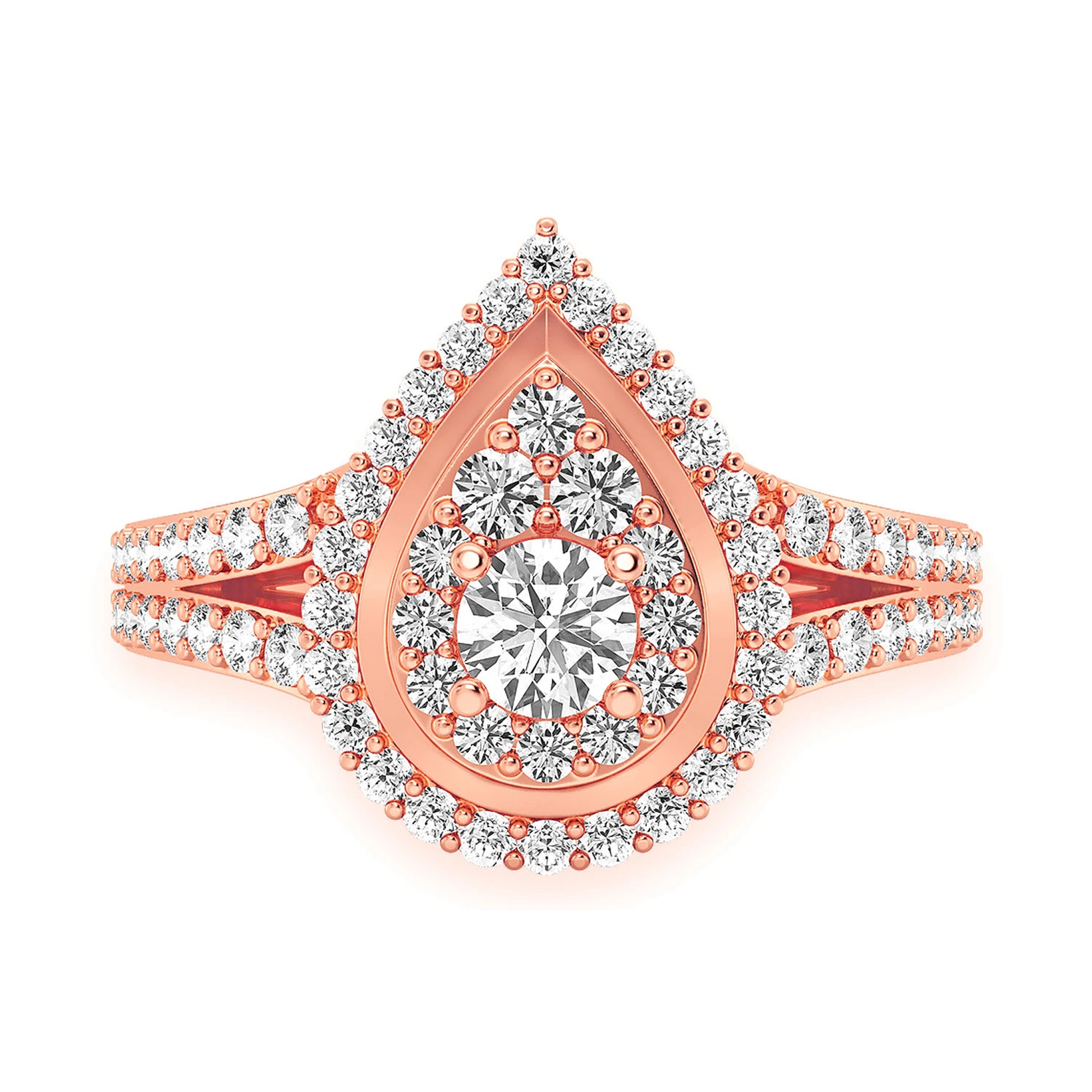 Double Halo Pear Diamond Engagement Ring in 14K rose gold, front view