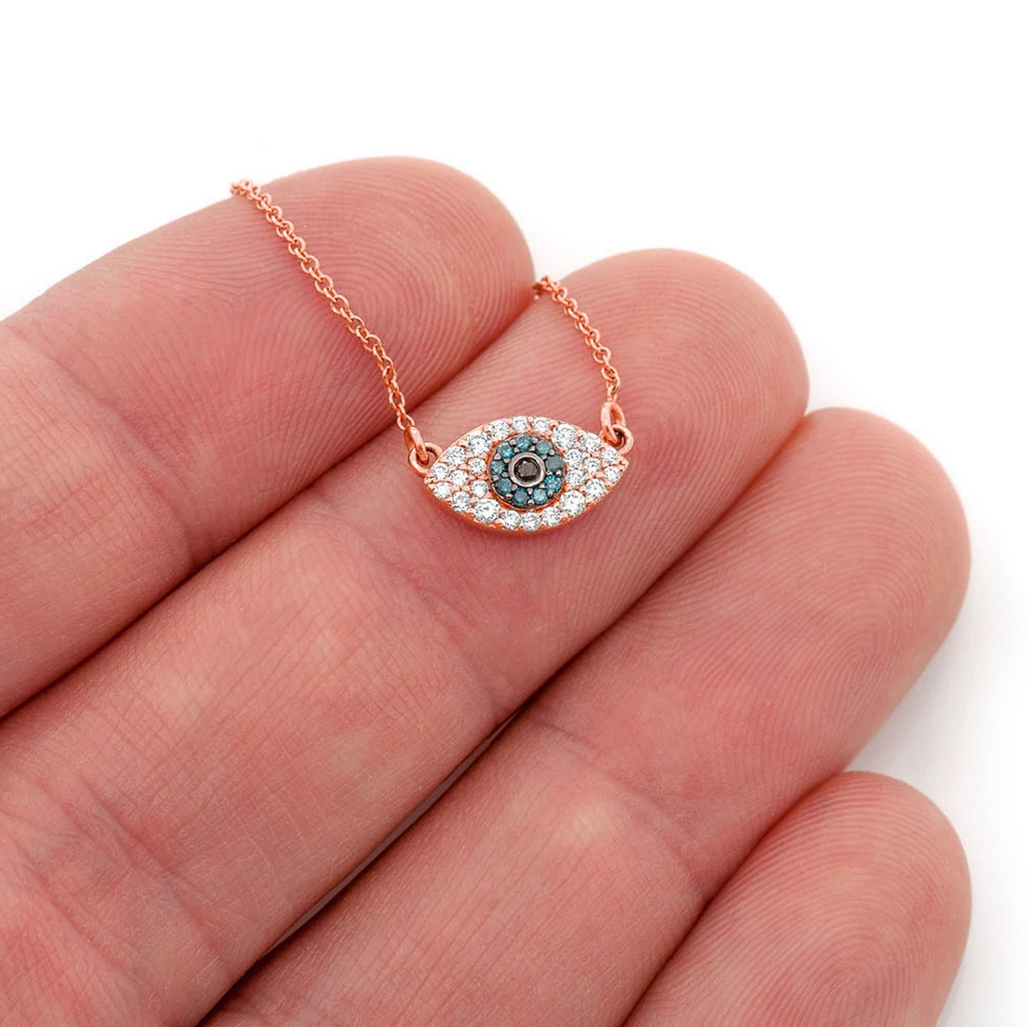 Evil Eye Diamond Necklace in 14K rose gold, angled view