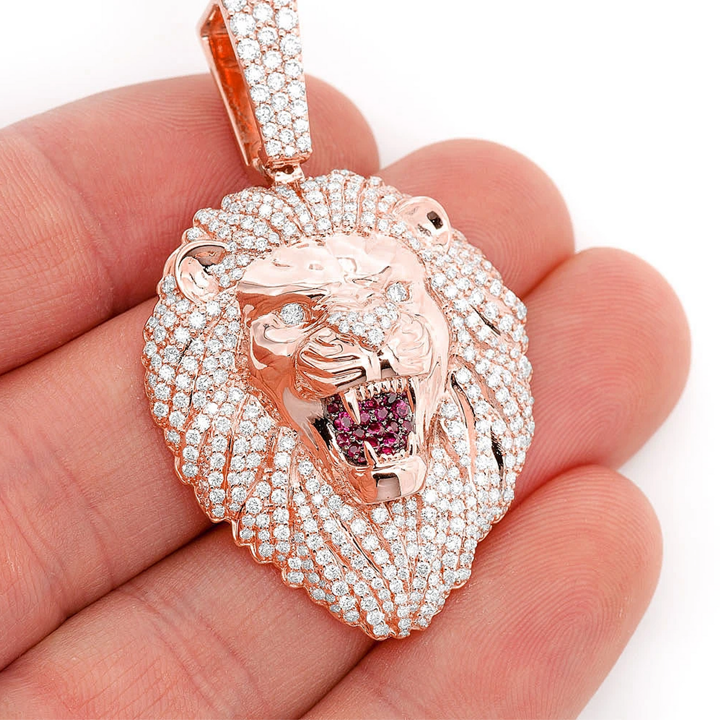 Roaring Lion Diamond Pendant in 14K rose gold, Signature | Ruby Set Mouth | 3.20ctw, angled view