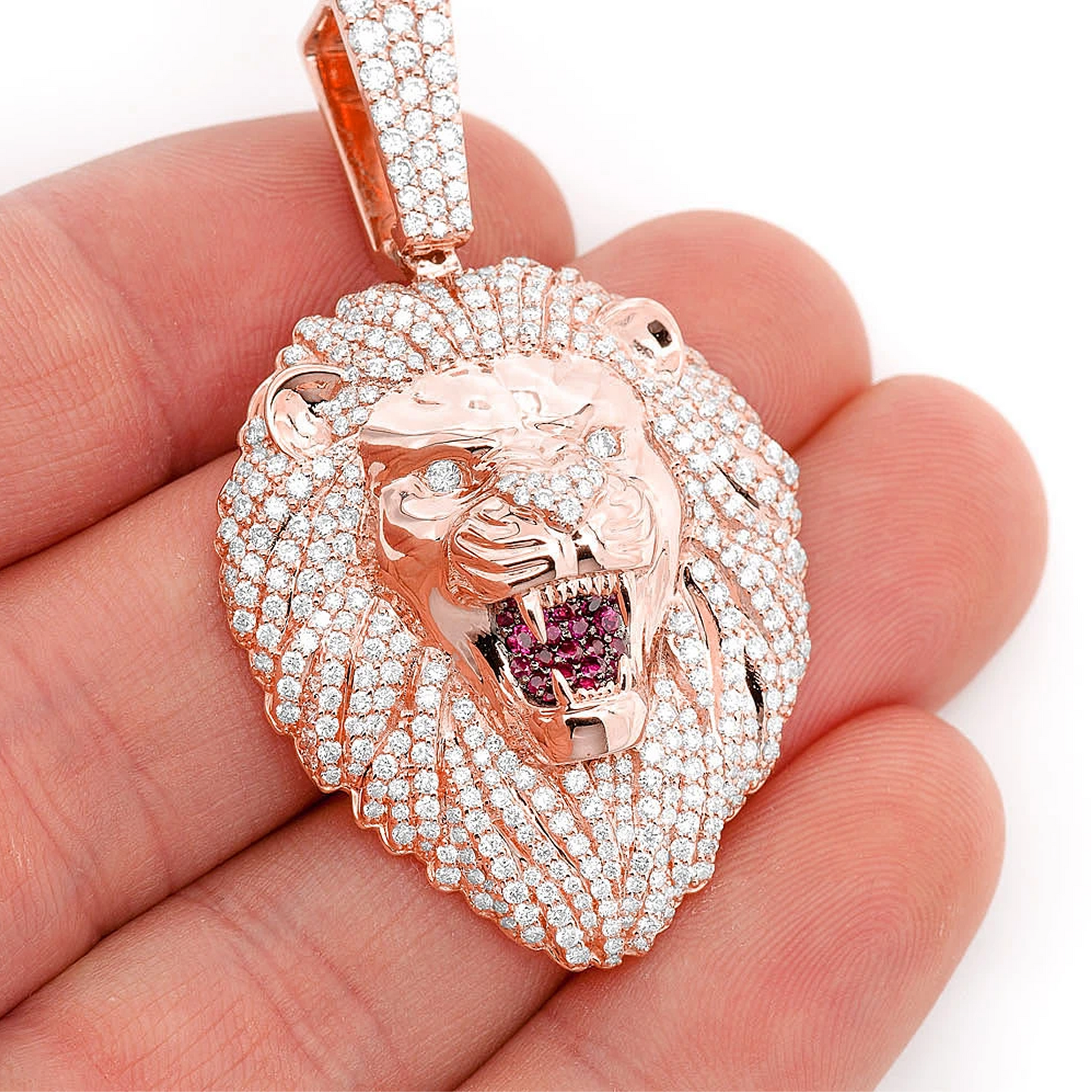 Roaring Lion Diamond Pendant in 14K rose gold, Signature | Ruby Set Mouth | 3.20ctw, angled view