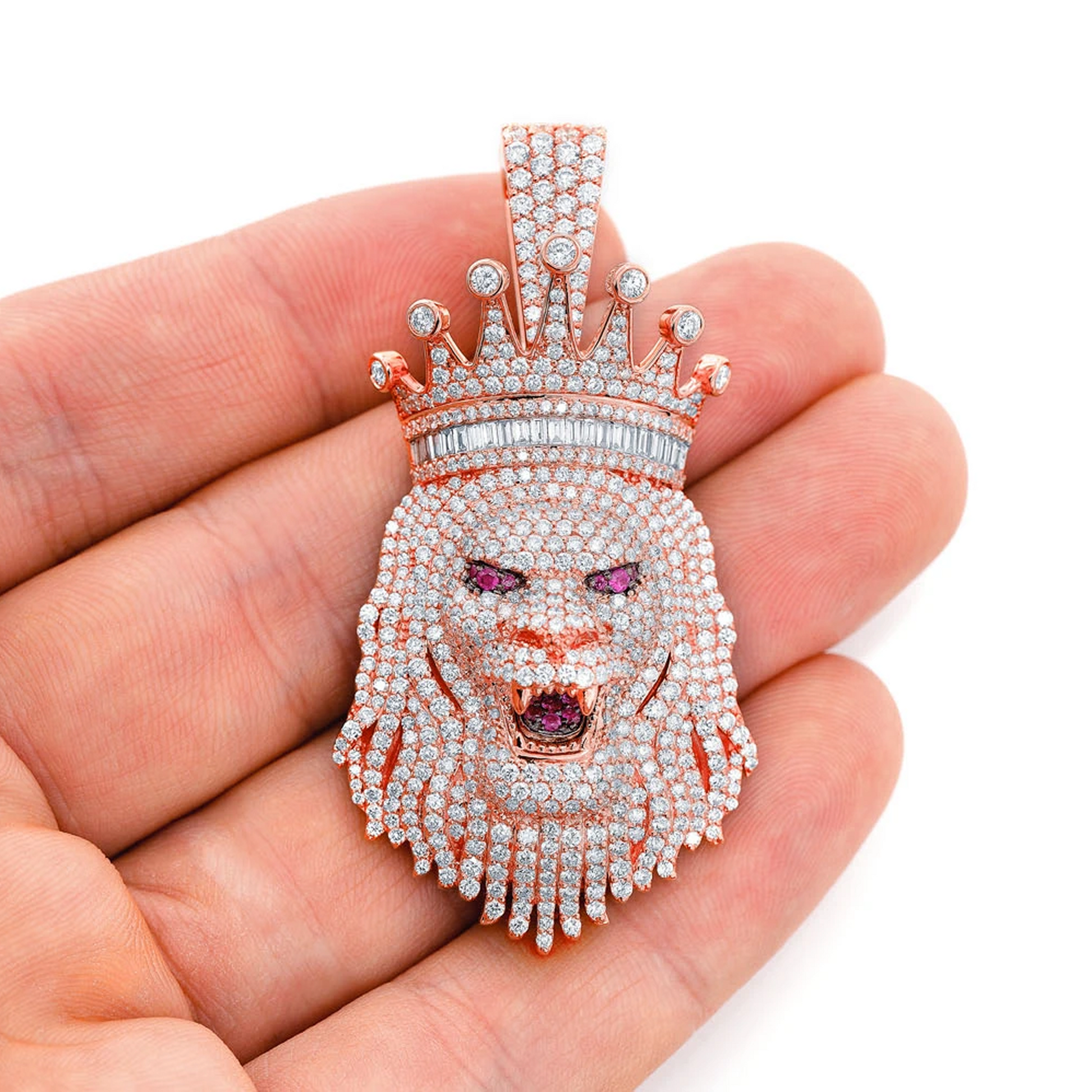King Crown Lion Diamond Pendant in 14K rose gold, angled view