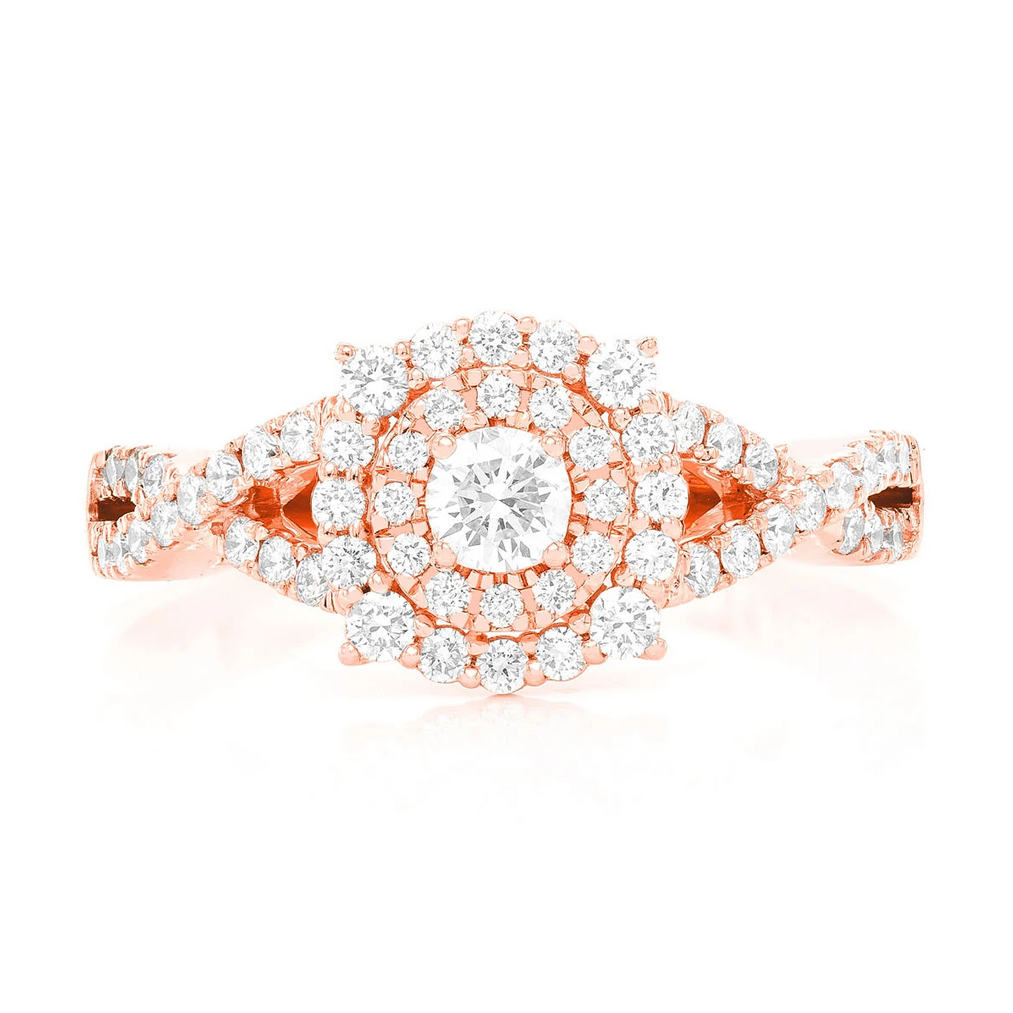 Split Shank Unique Halo Diamond Engagement Ring in 14K rose gold, front view