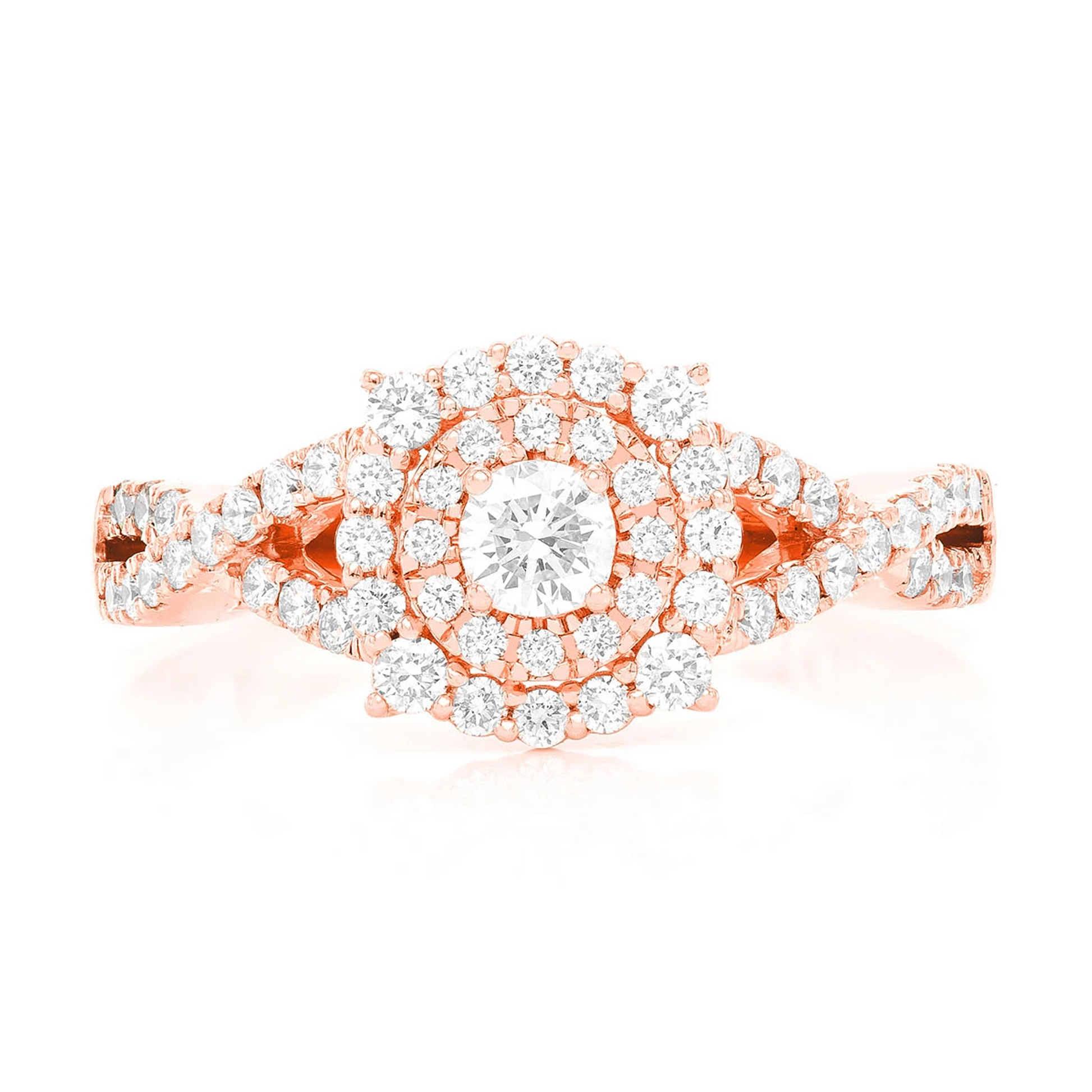 Split Shank Unique Halo Diamond Engagement Ring in 14K rose gold, front view