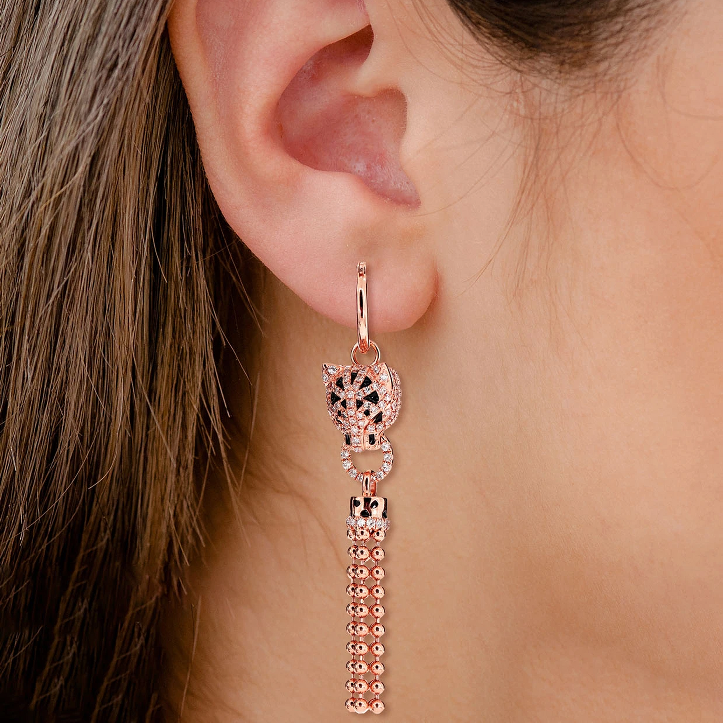 Dangling Leopard Tassel Diamond Hoop Earrings