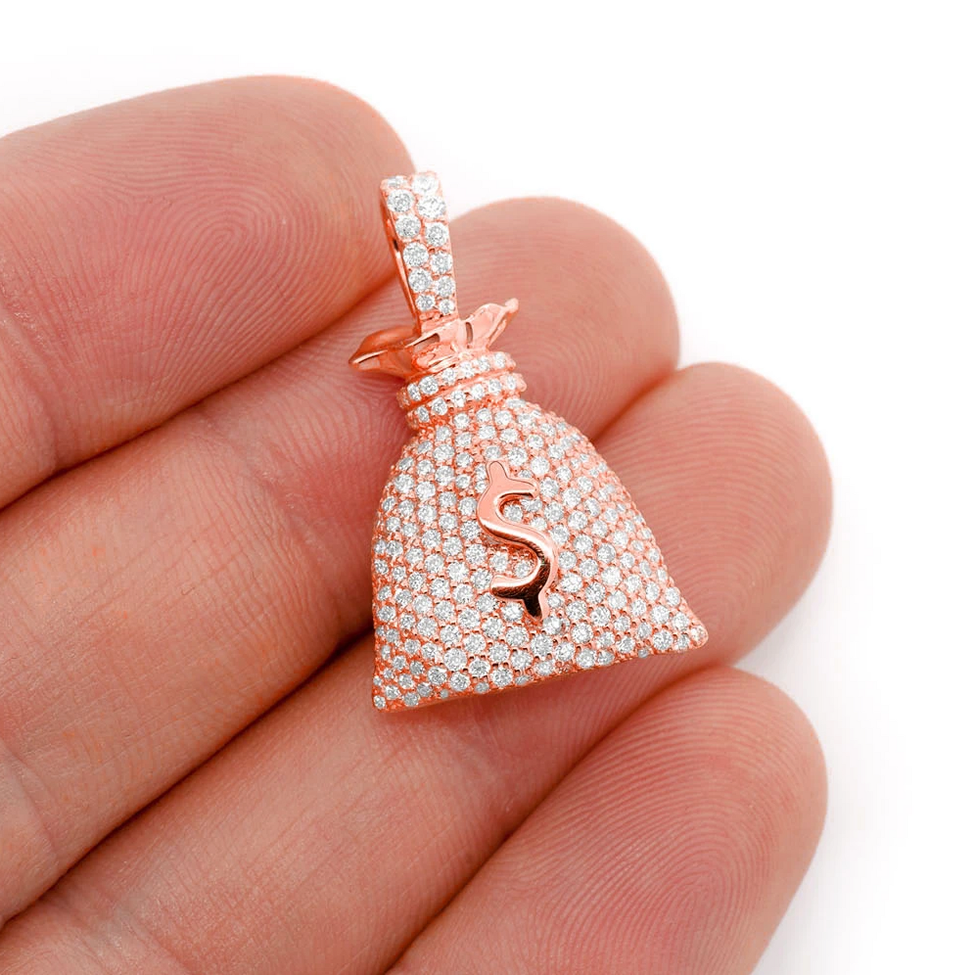 Money Bag Diamond Pendant in 14K rose gold, angled view
