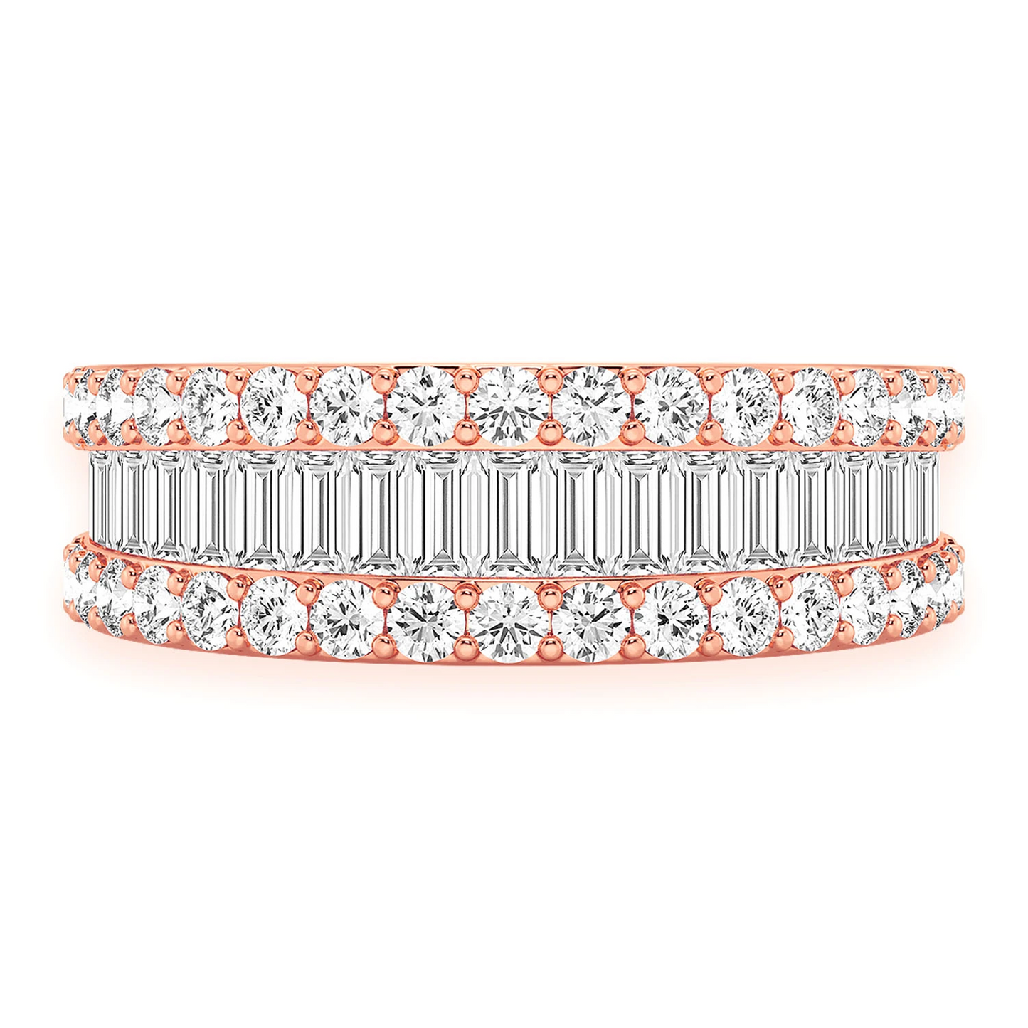 Baguette & Round Border Diamond Ring in 14K rose gold, angled view