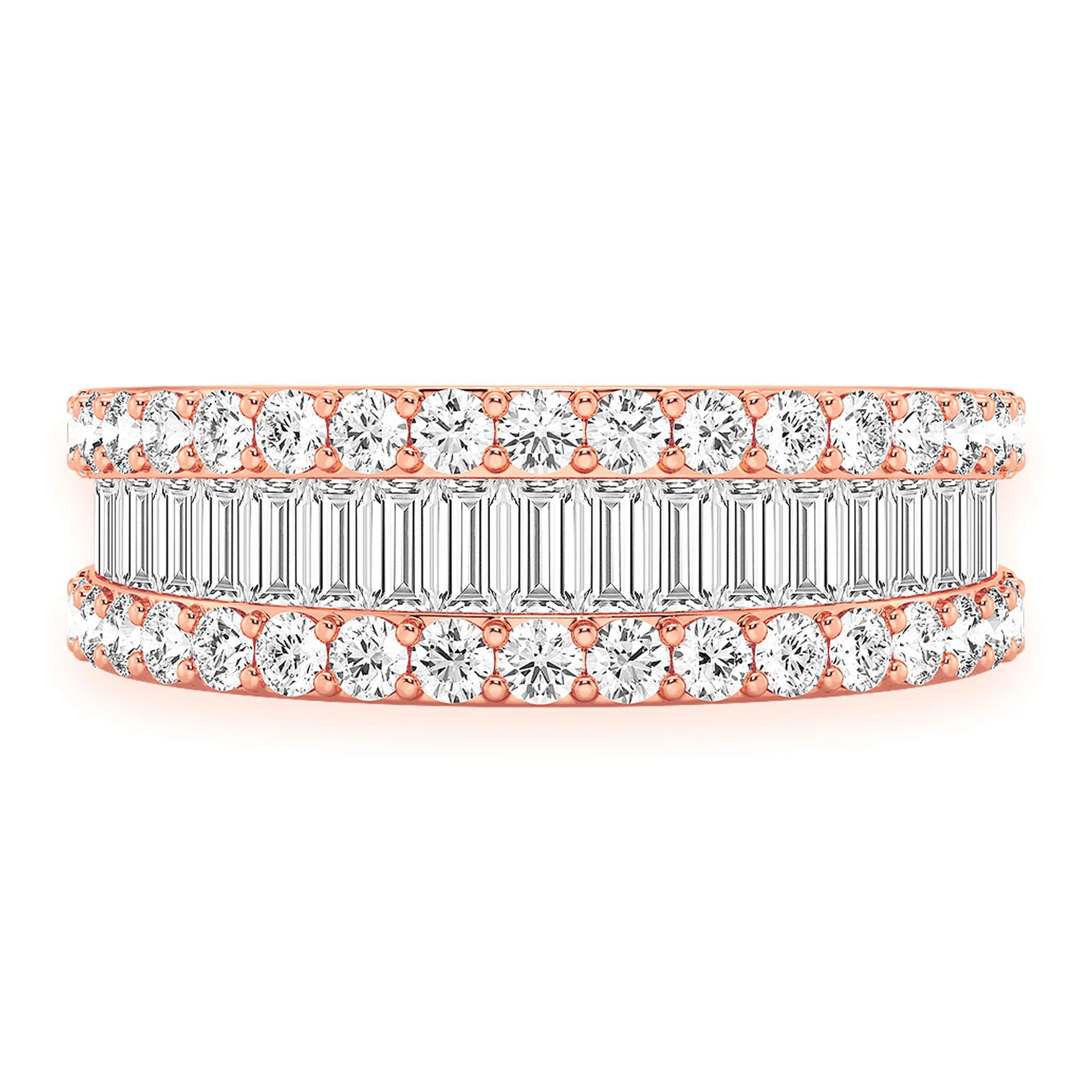 Baguette & Round Border Diamond Ring in 14K rose gold, angled view