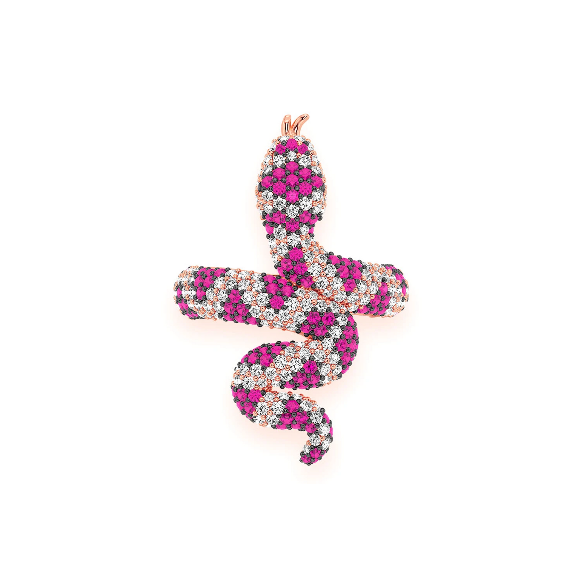 Snake Diamond Ring in 14K rose gold, Ruby, front view