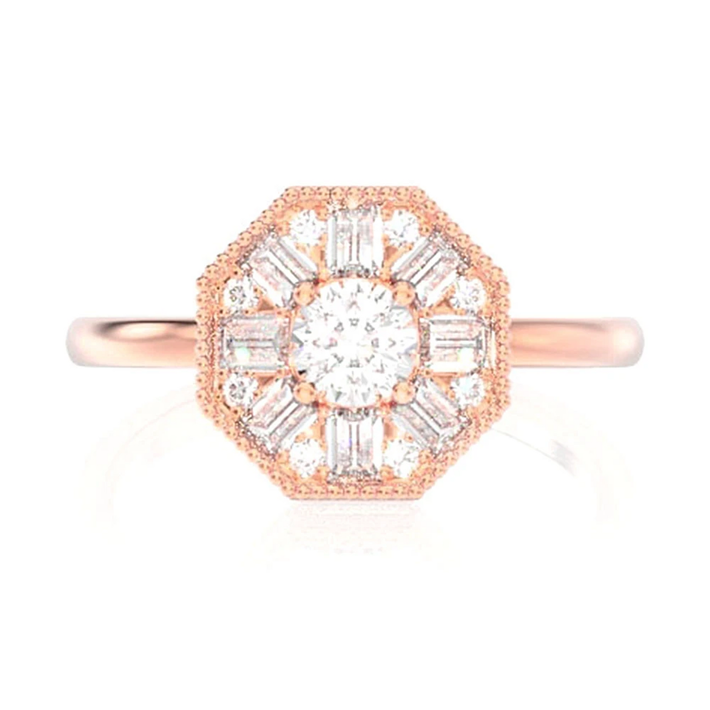 Octagon Baguette Halo Diamond Ring in 14K rose gold, front view