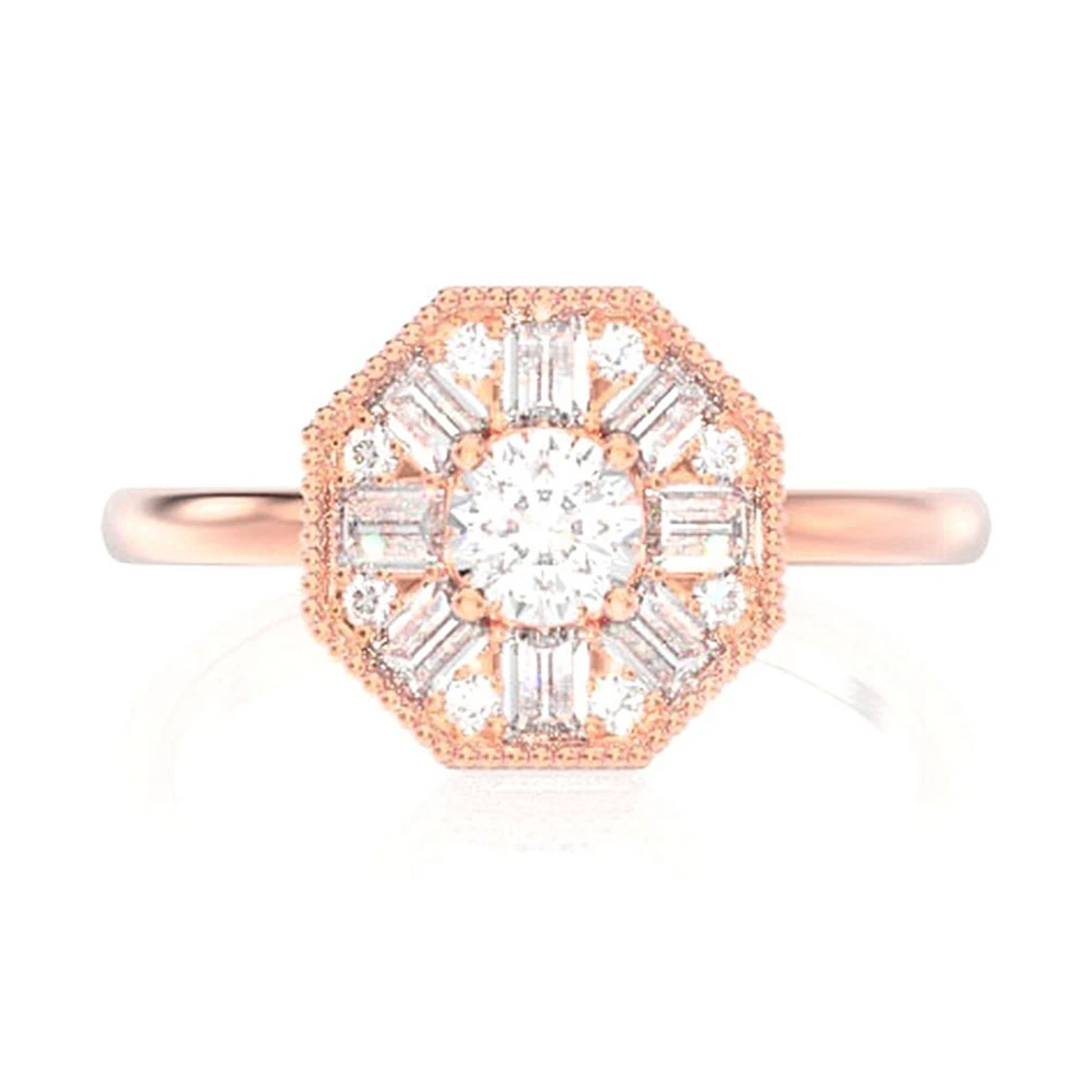 Octagon Baguette Halo Diamond Ring in 14K rose gold, front view
