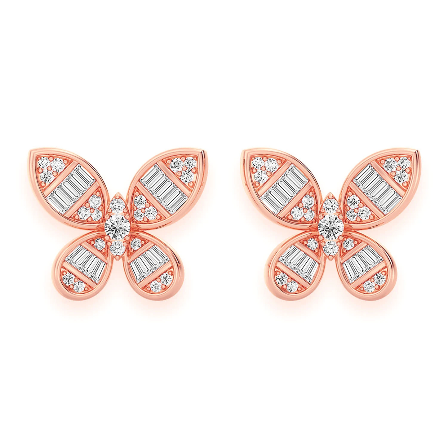 Butterfly Baguette Diamond Stud Earrings in 14K rose gold, front view