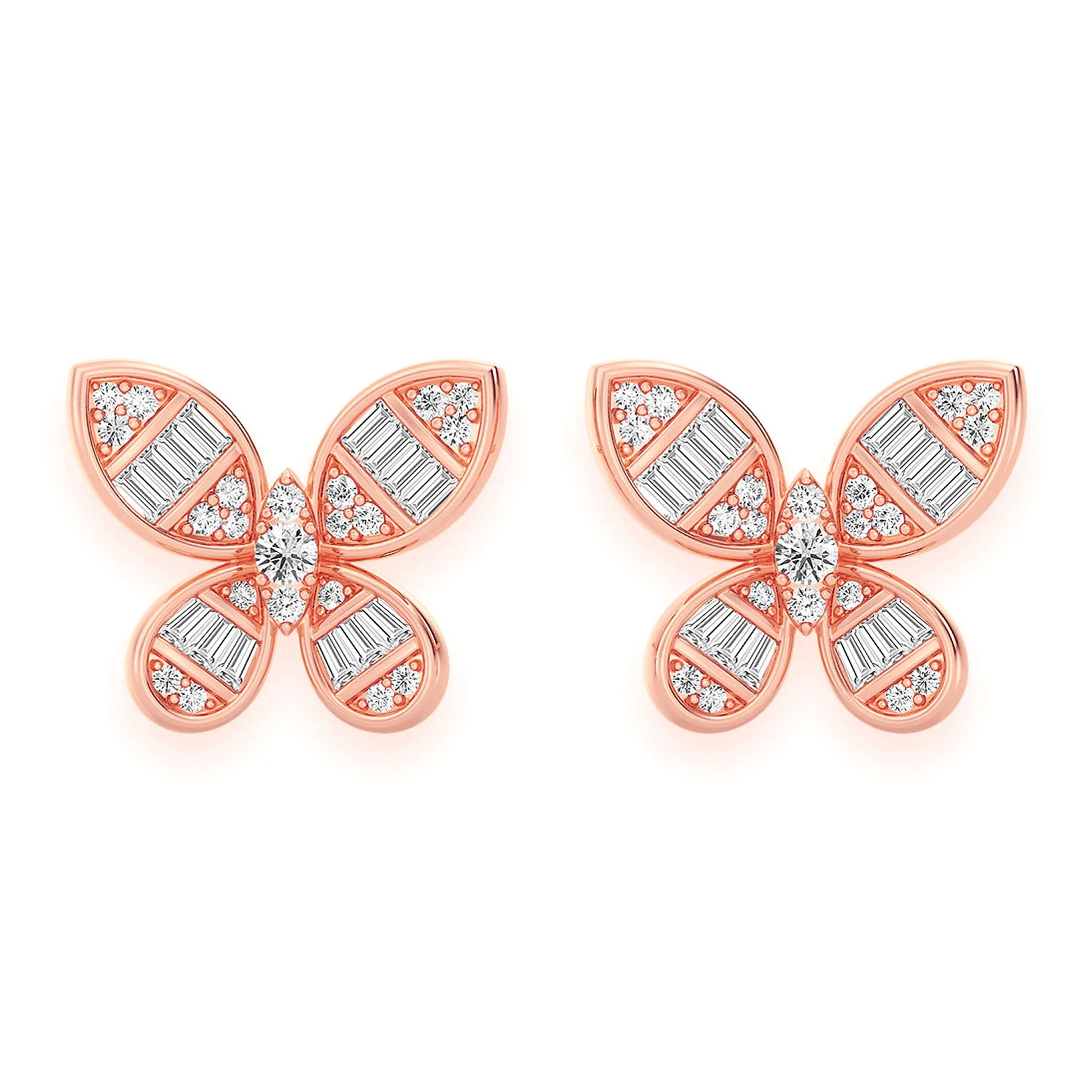 Butterfly Baguette Diamond Stud Earrings in 14K rose gold, front view
