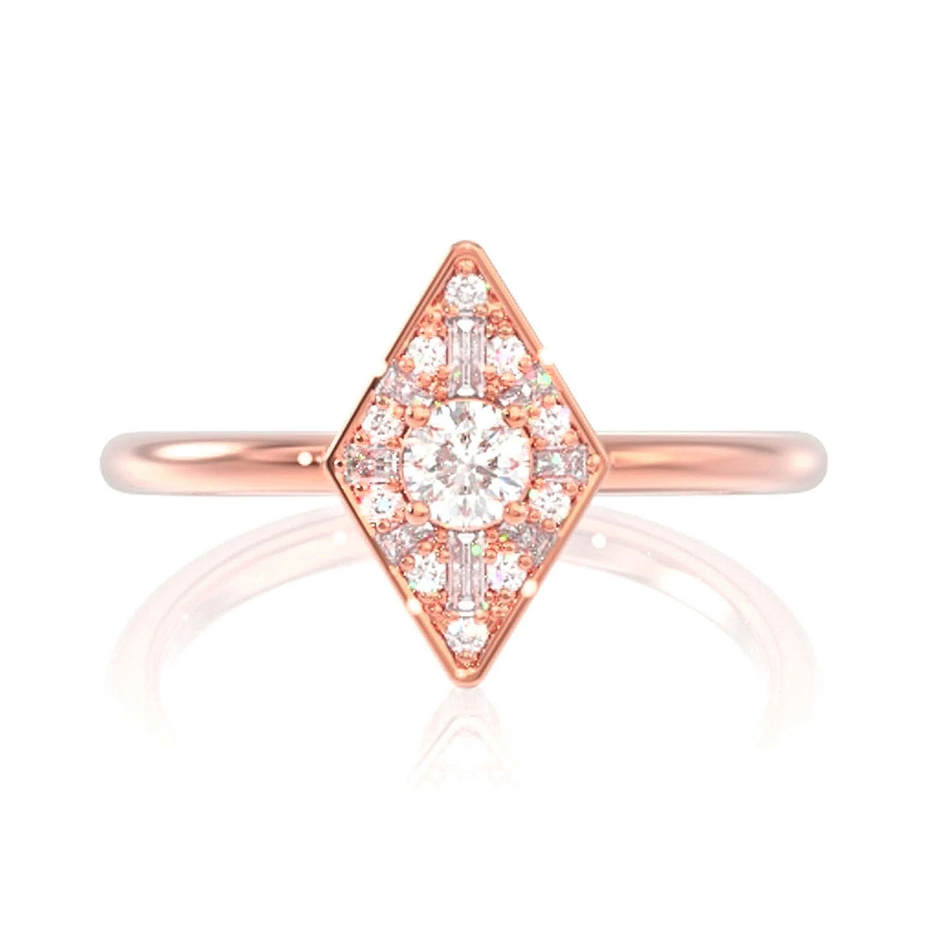 Rhombus Halo Baguette Diamond Ring in 14K rose gold, front view