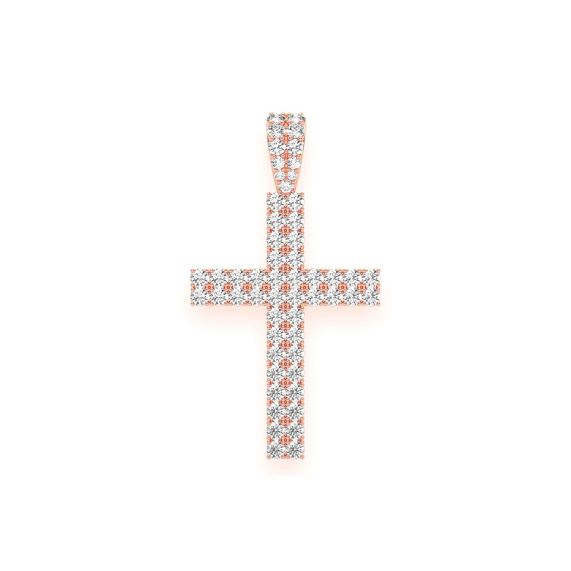 Two Row Diamond Cross Pendant in 14K rose gold, Statement | 2.25ctw | Iced Out Bail, front view