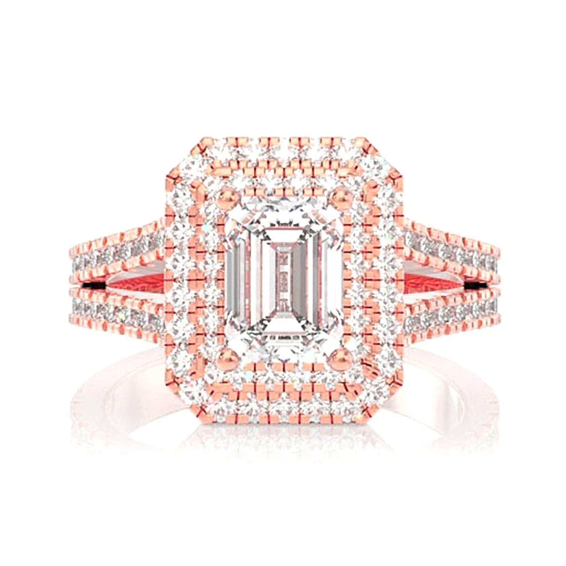 Radiant Double Halo Diamond Engagement Ring in 14K rose gold, front view