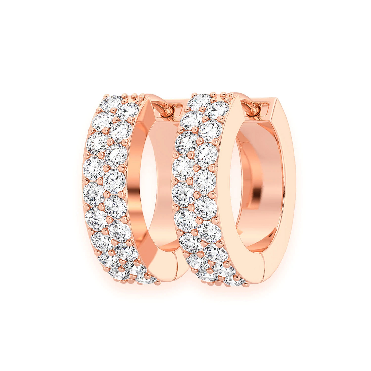 Two Row Pavé Diamond Huggie Hoop Earrings in 14K rose gold, front view