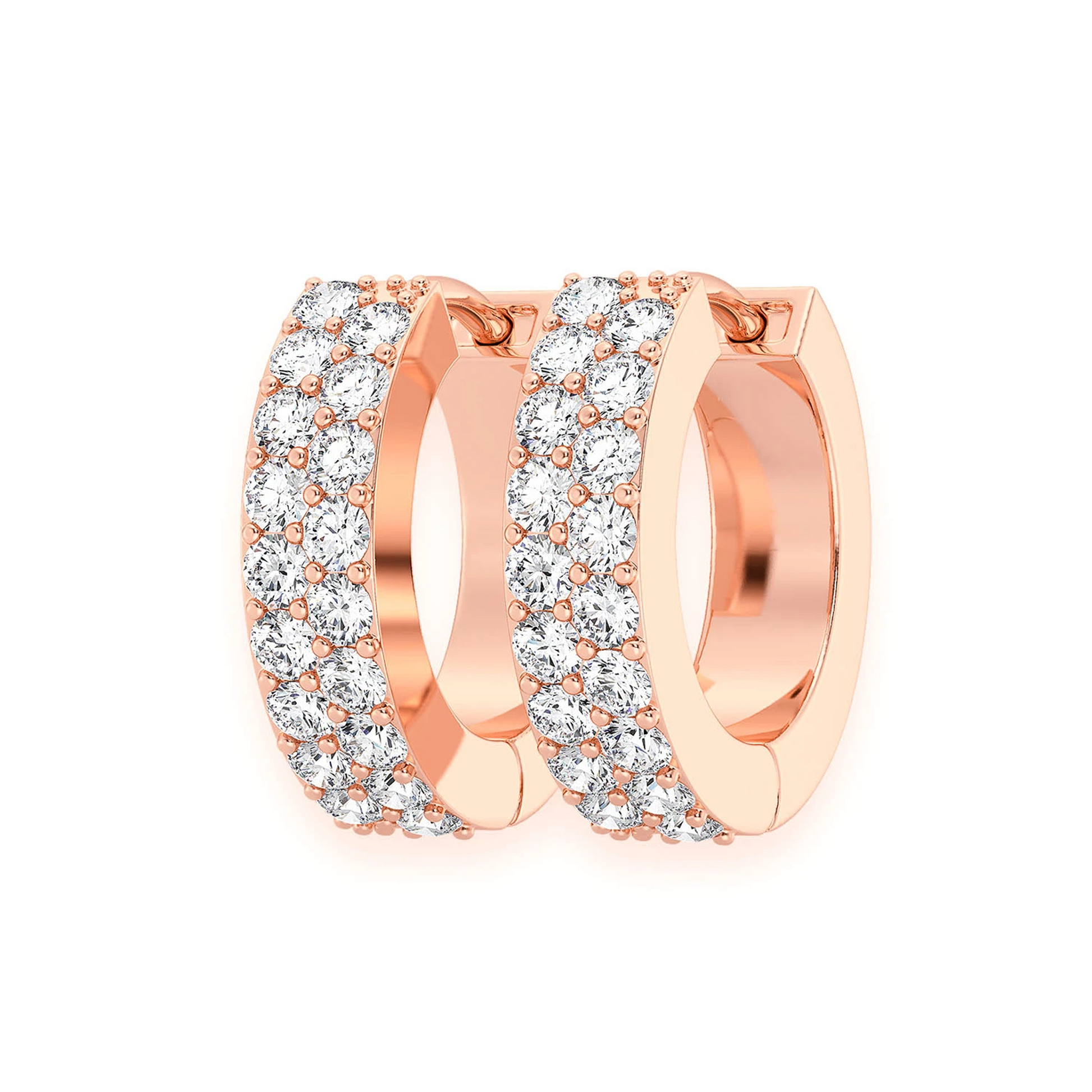 Two Row Pavé Diamond Huggie Hoop Earrings in 14K rose gold, front view