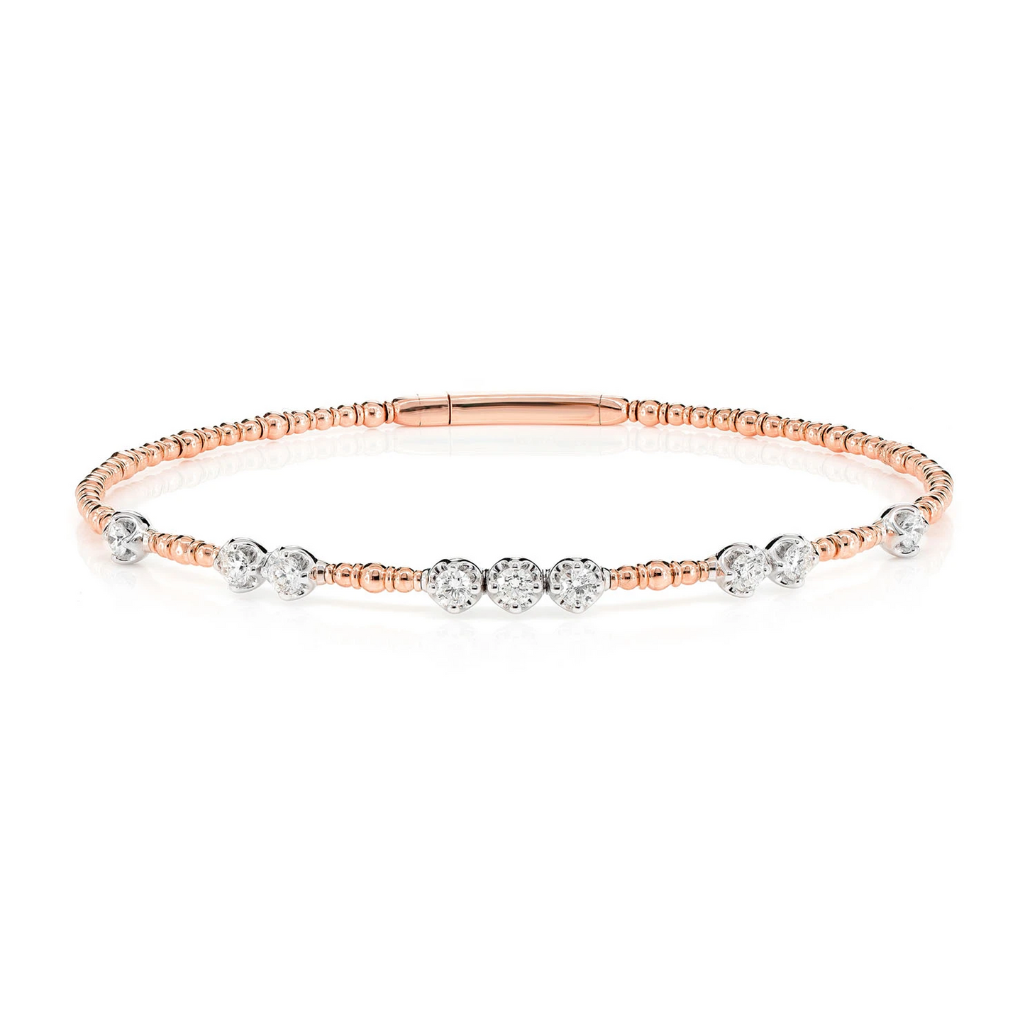 Graduated Beaded Diamond Flex Bangle Bracelet in 14K rose gold, front view