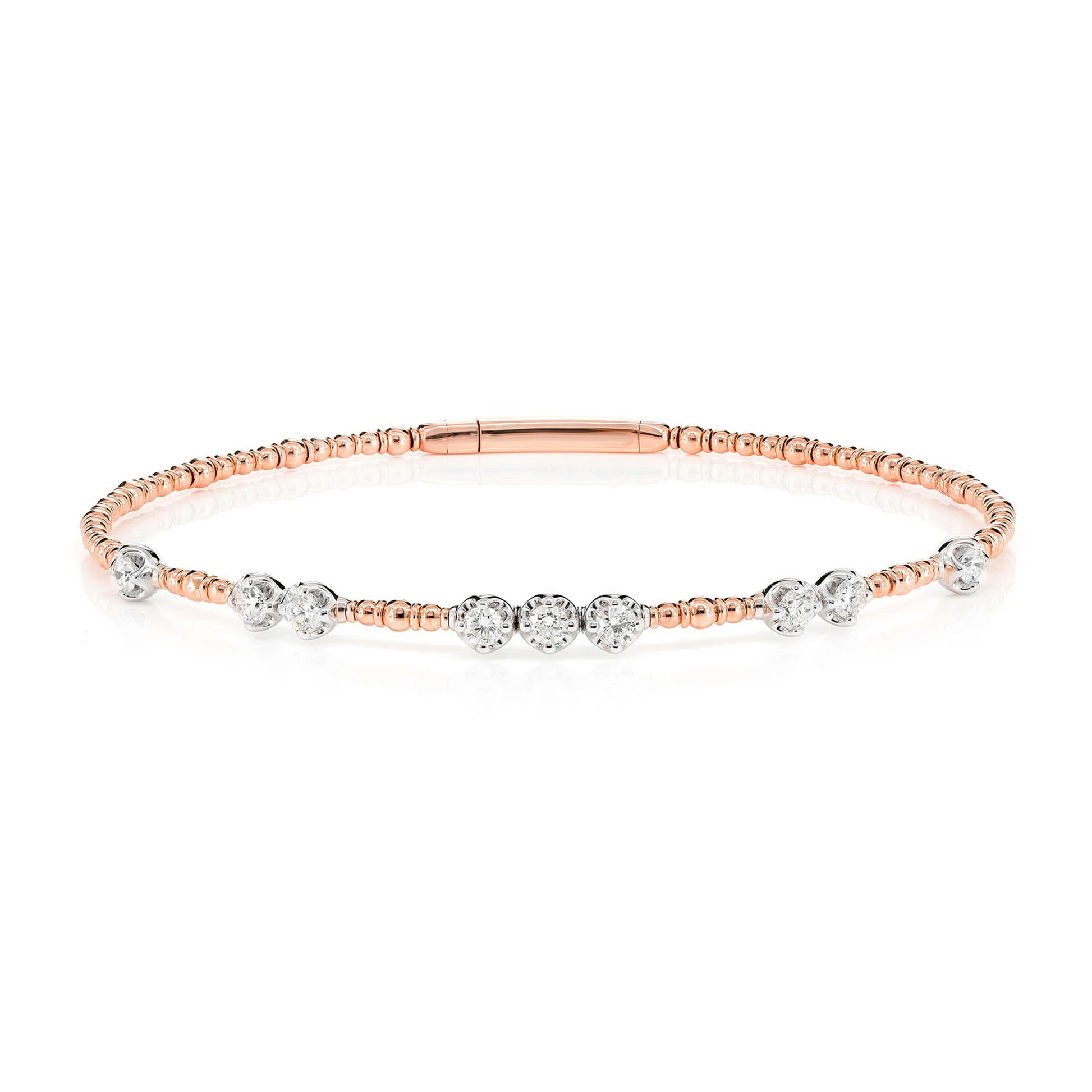 Graduated Beaded Diamond Flex Bangle Bracelet in 14K rose gold, front view