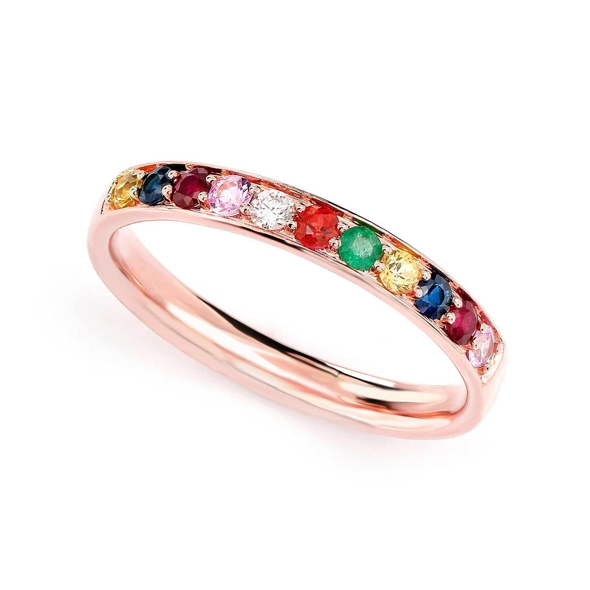 Multicolor Gemstone Diamond Band in 14K rose gold, angled view