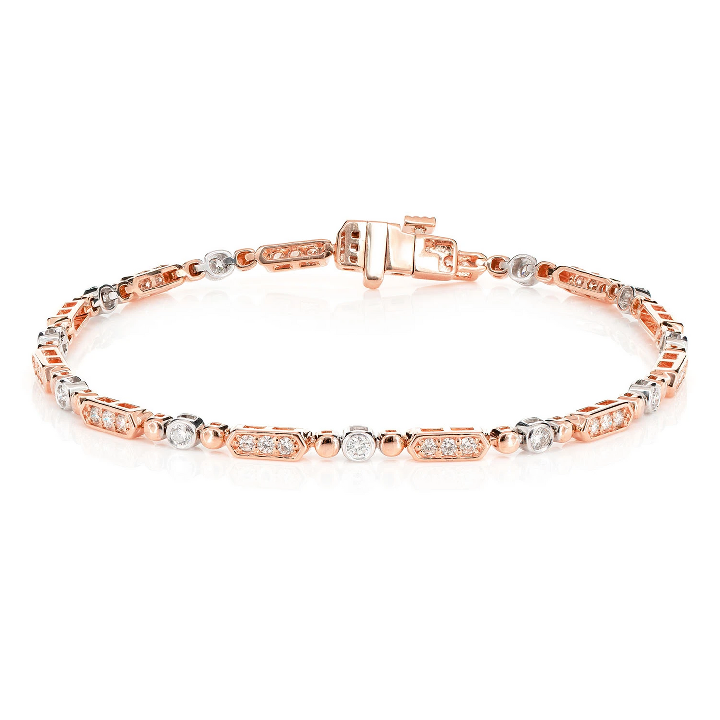 Alternating Bezel & Bar Diamond Link Bracelet in two tone rose 14k gold, front view