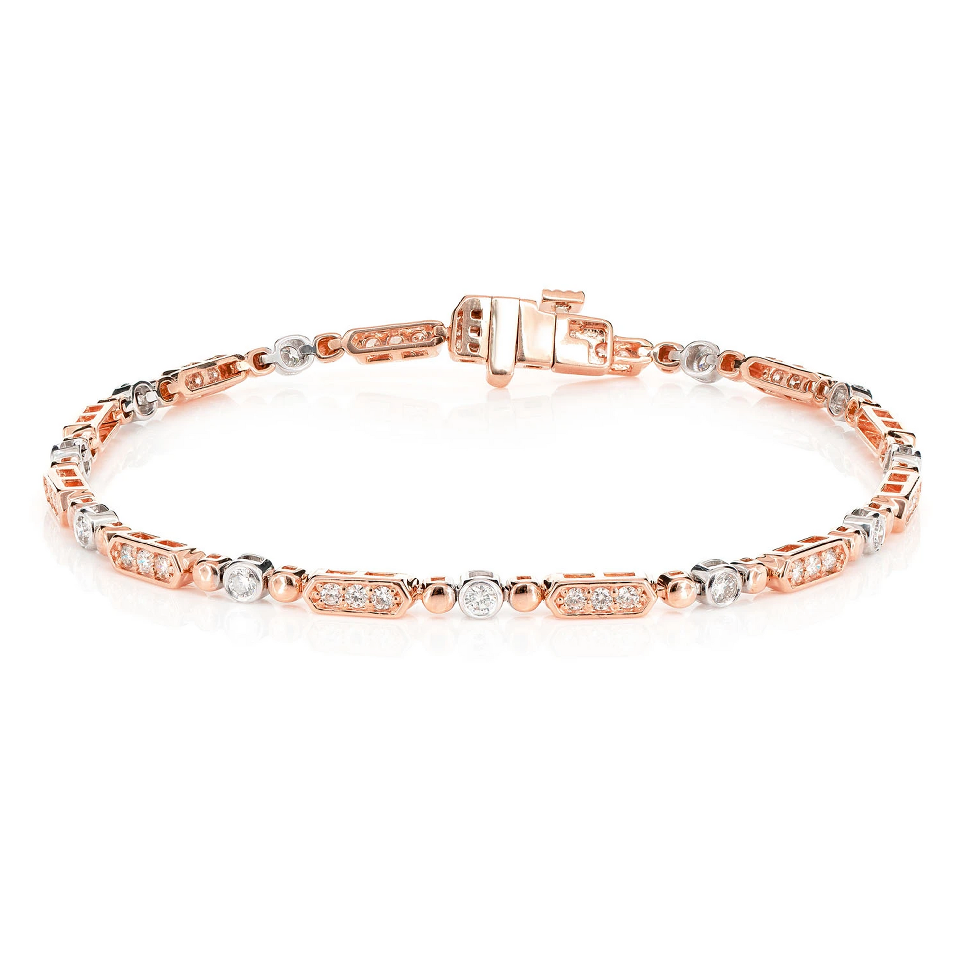Alternating Bezel & Bar Diamond Link Bracelet in two tone rose 14k gold, front view
