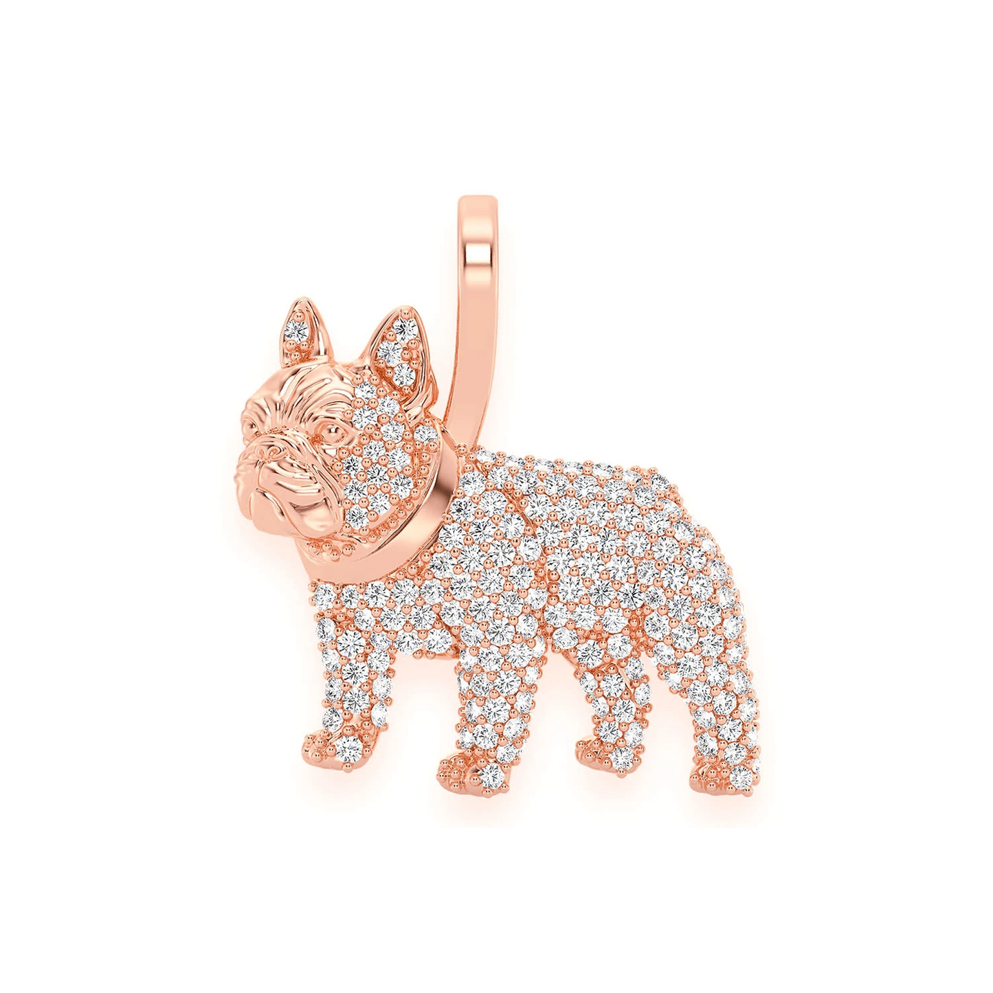 French Bulldog Diamond Pendant in 14K rose gold, Signature | 0.65ctw, front view