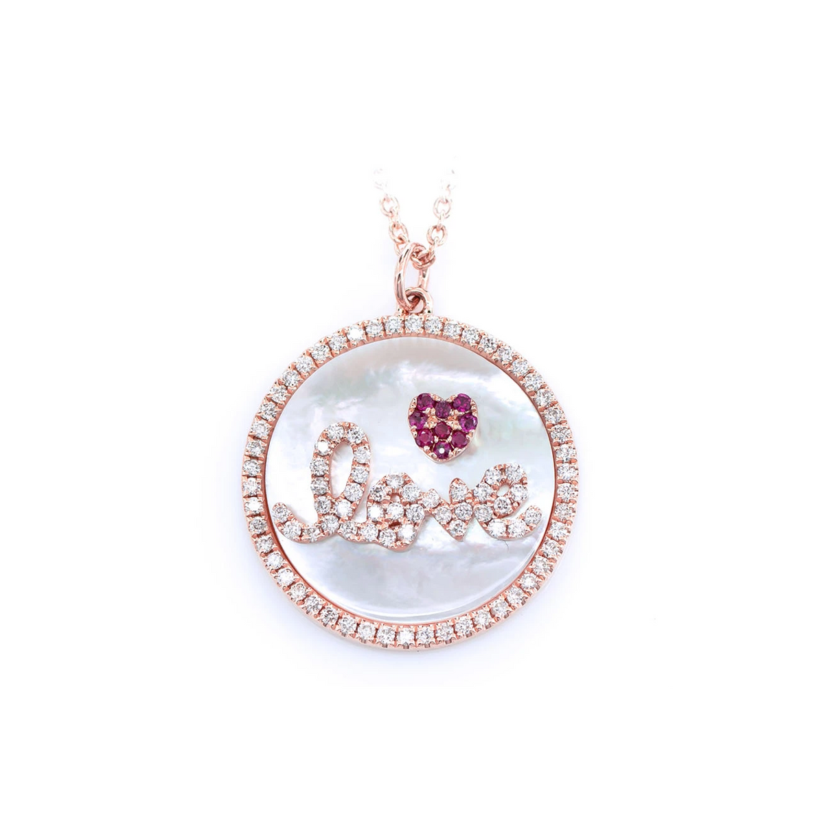 Mother of Pearl Love Disc Halo Diamond Necklace