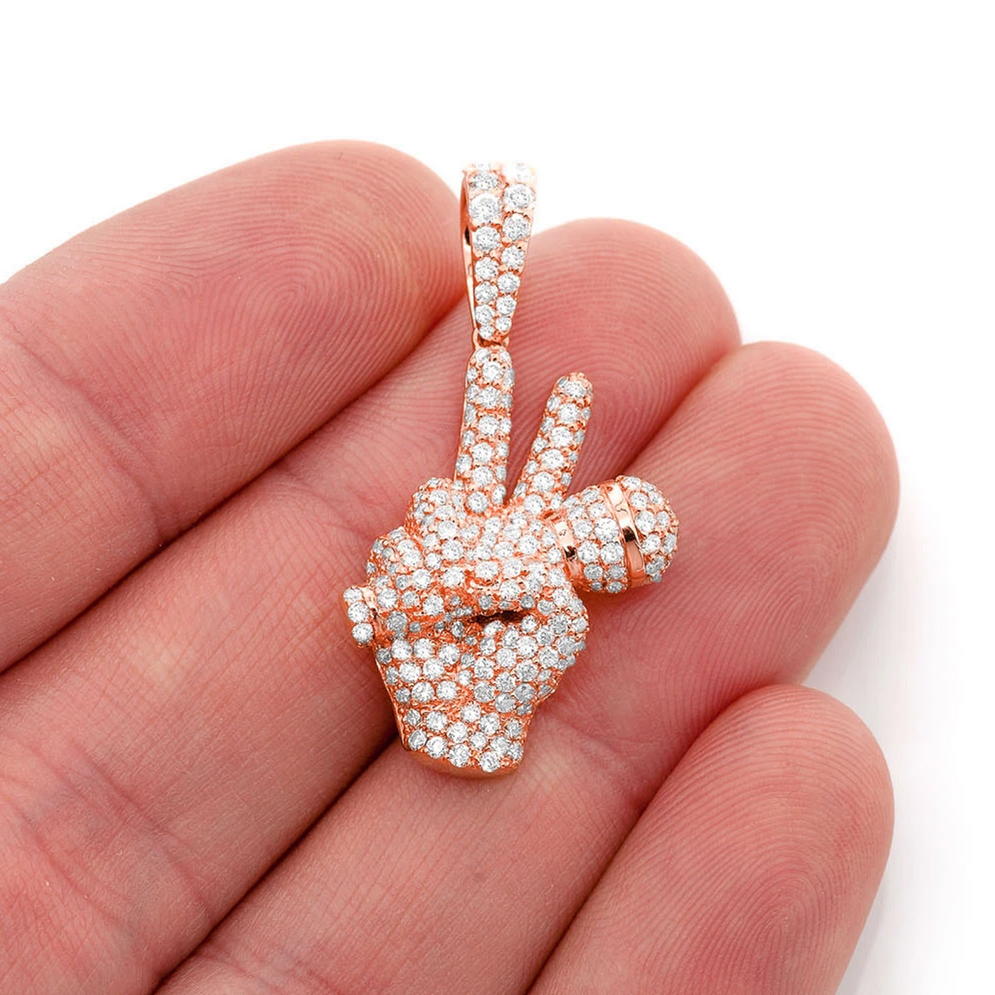 Peace Sign Microphone Diamond Pendant in 14K rose gold, angled view