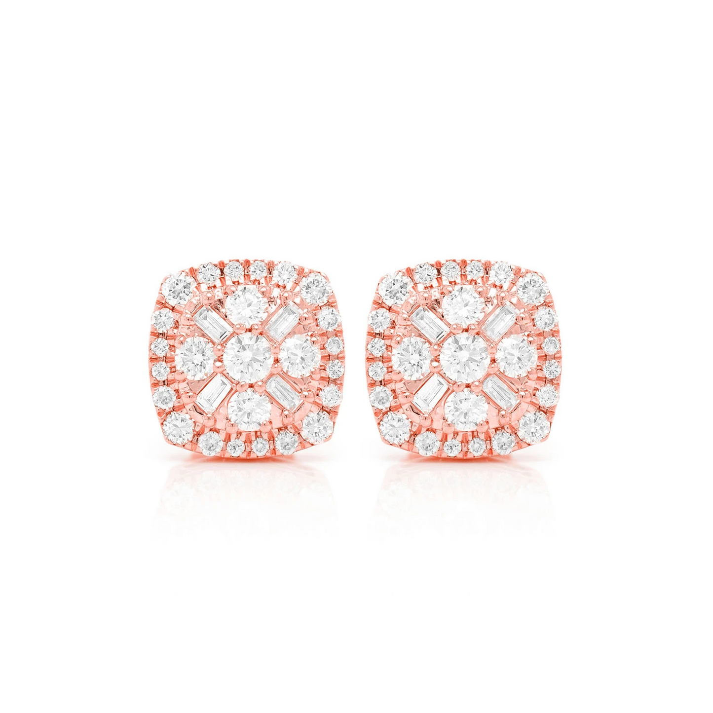 Baguette Flower Diamond Studs in 14K rose gold, front view